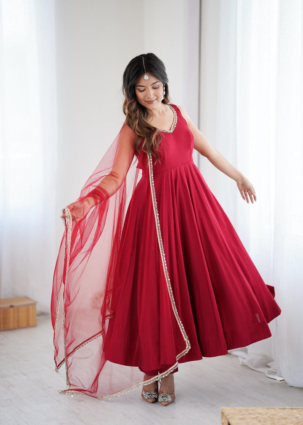 Maroon Roman Silk Chanderi Anarkali Suit Set with Huge Flair for Festive Occasions