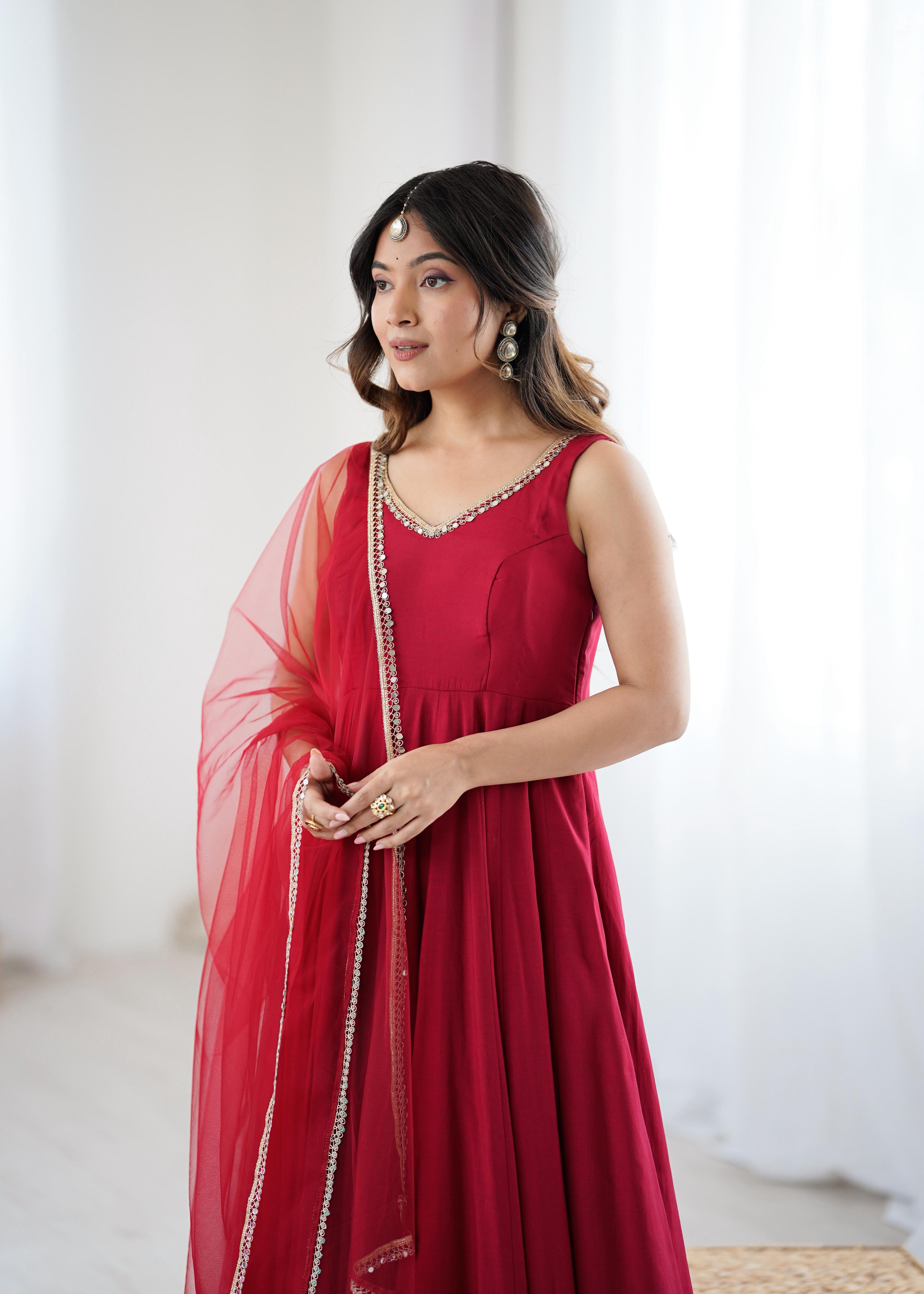 Maroon Roman Silk Chanderi Anarkali Suit Set with Huge Flair for Festive Occasions