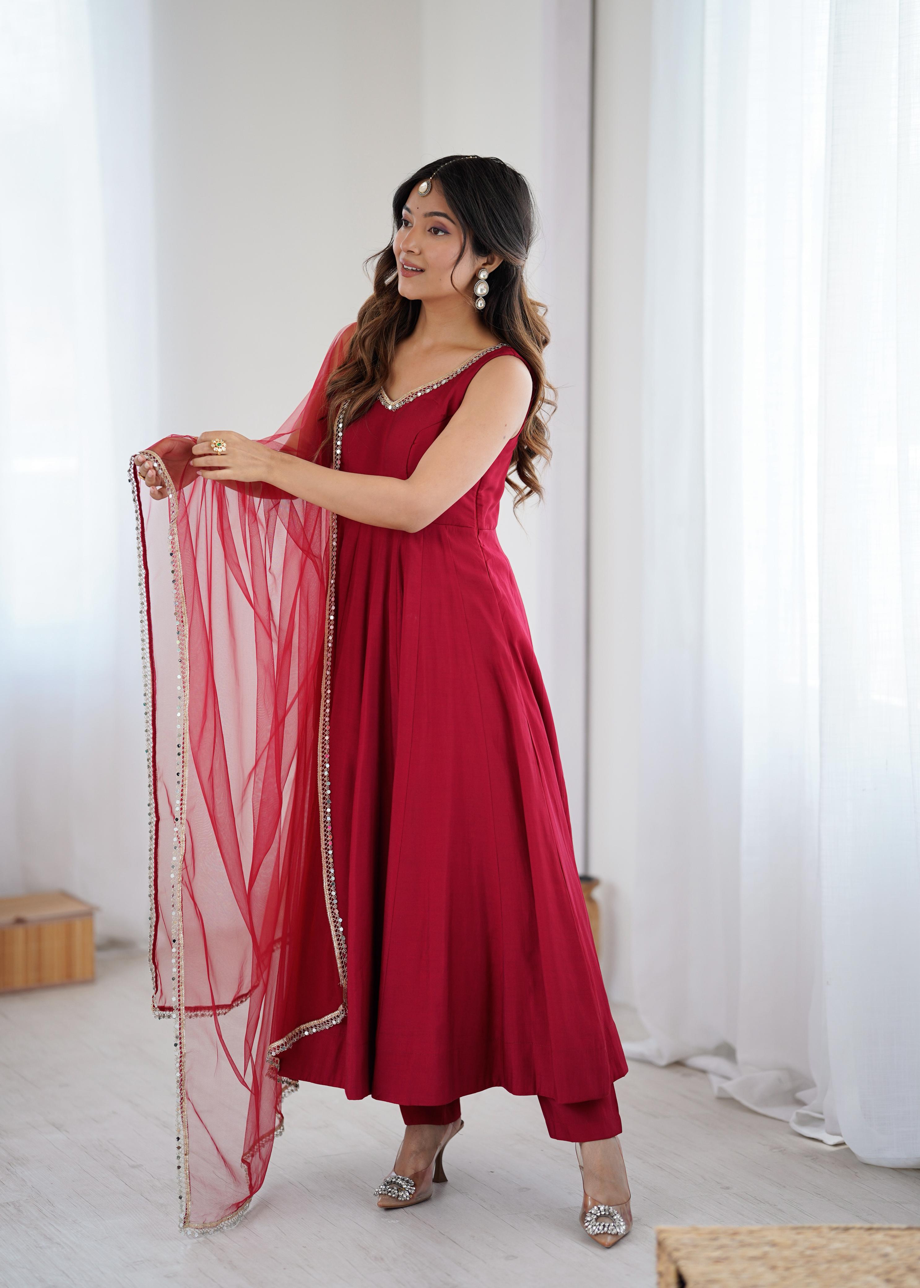 Maroon Roman Silk Chanderi Anarkali Suit Set with Huge Flair for Festive Occasions