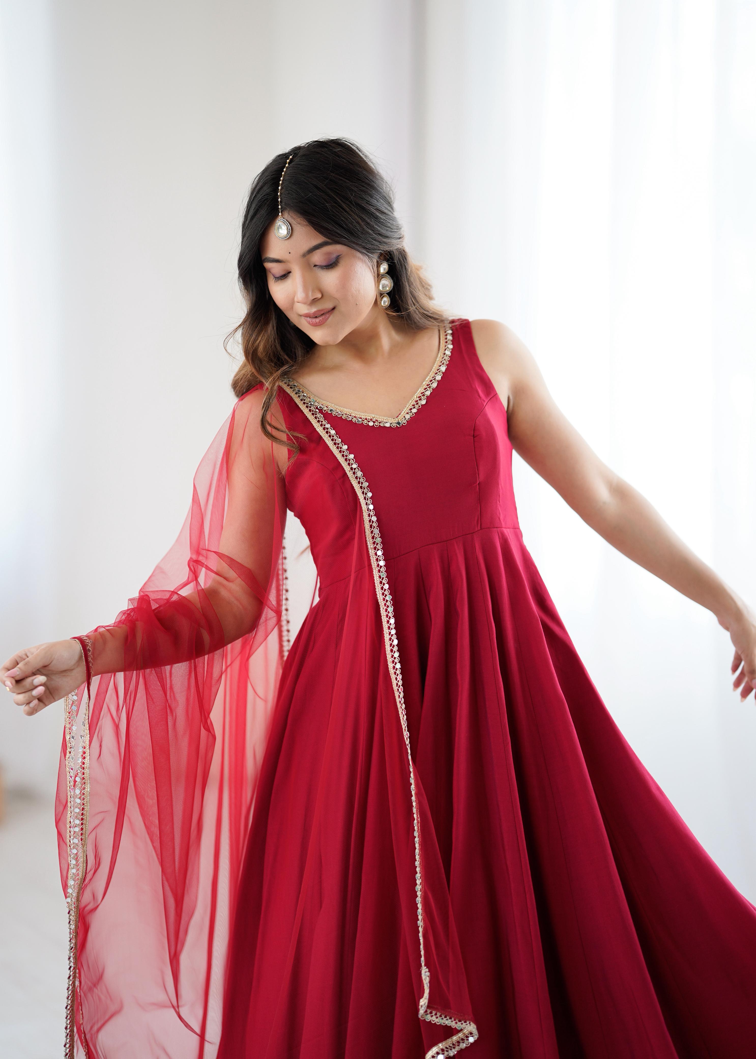 Maroon Roman Silk Chanderi Anarkali Suit Set with Huge Flair for Festive Occasions