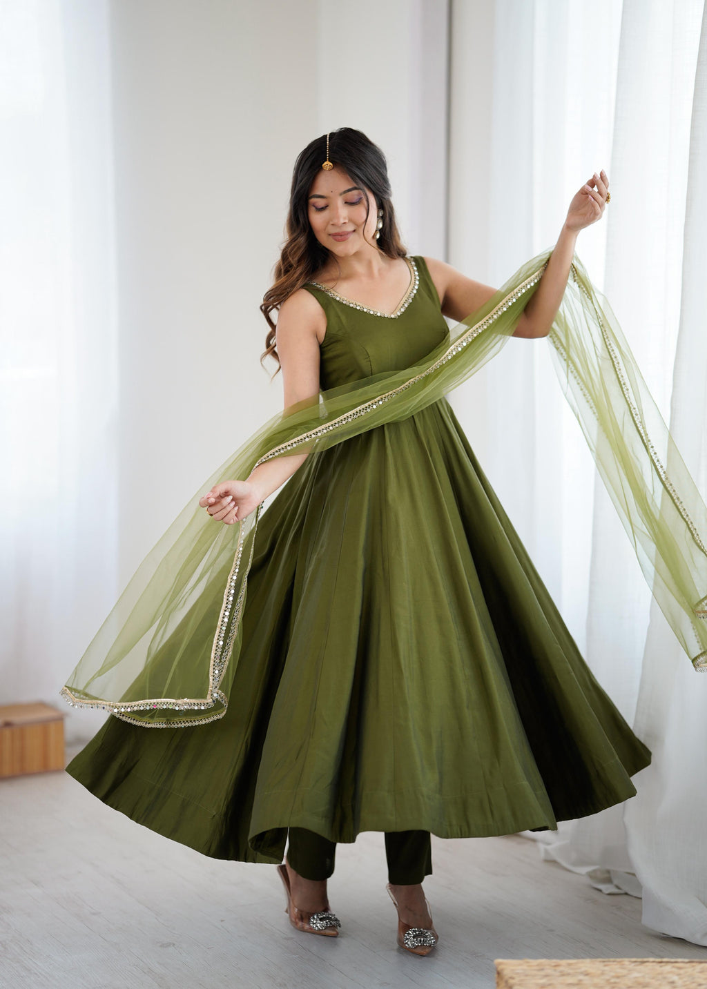 Mehendi Roman Silk Chanderi Anarkali Suit Set with Huge Flair for Festive Occasions