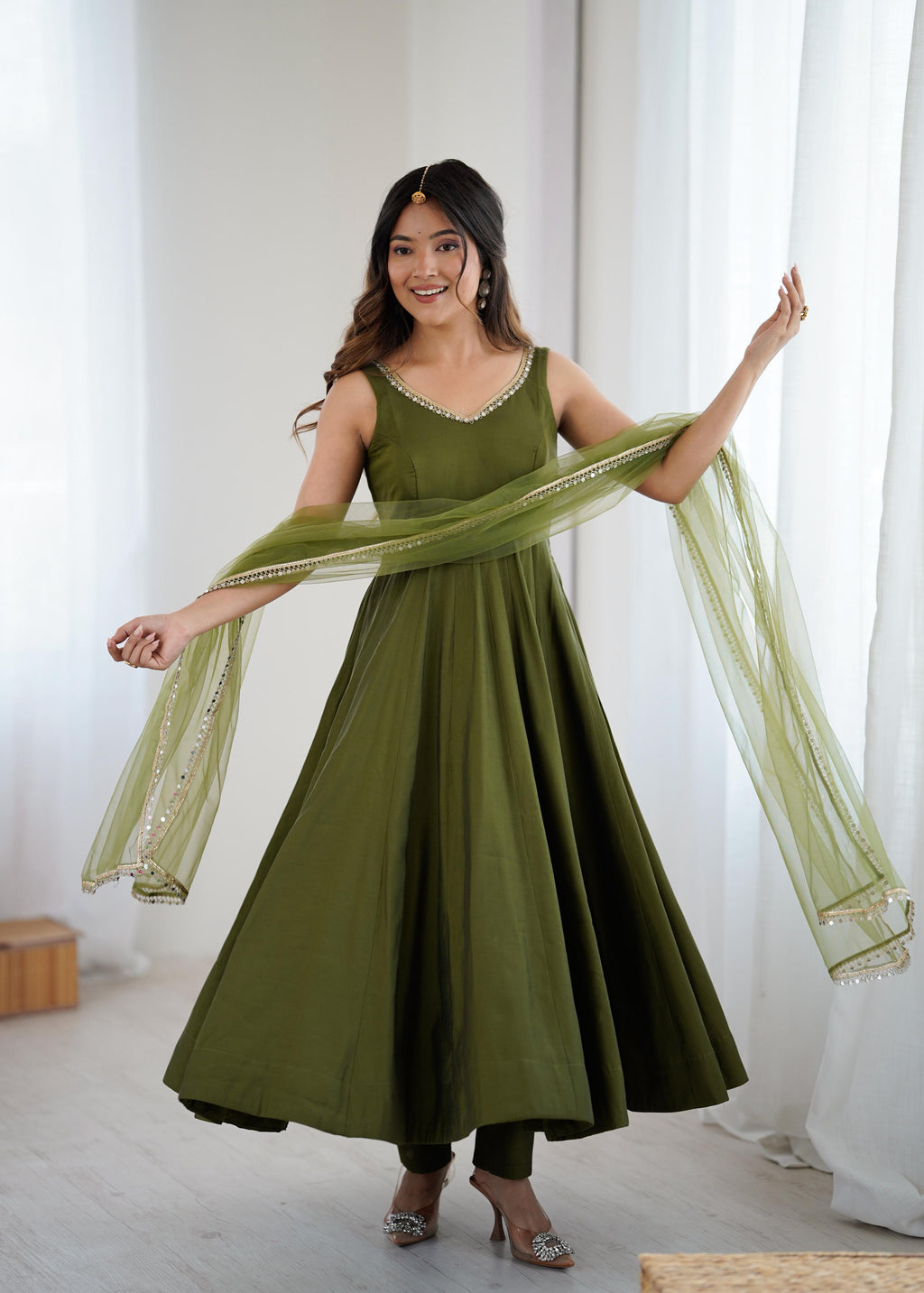 Mehendi Roman Silk Chanderi Anarkali Suit Set with Huge Flair for Festive Occasions