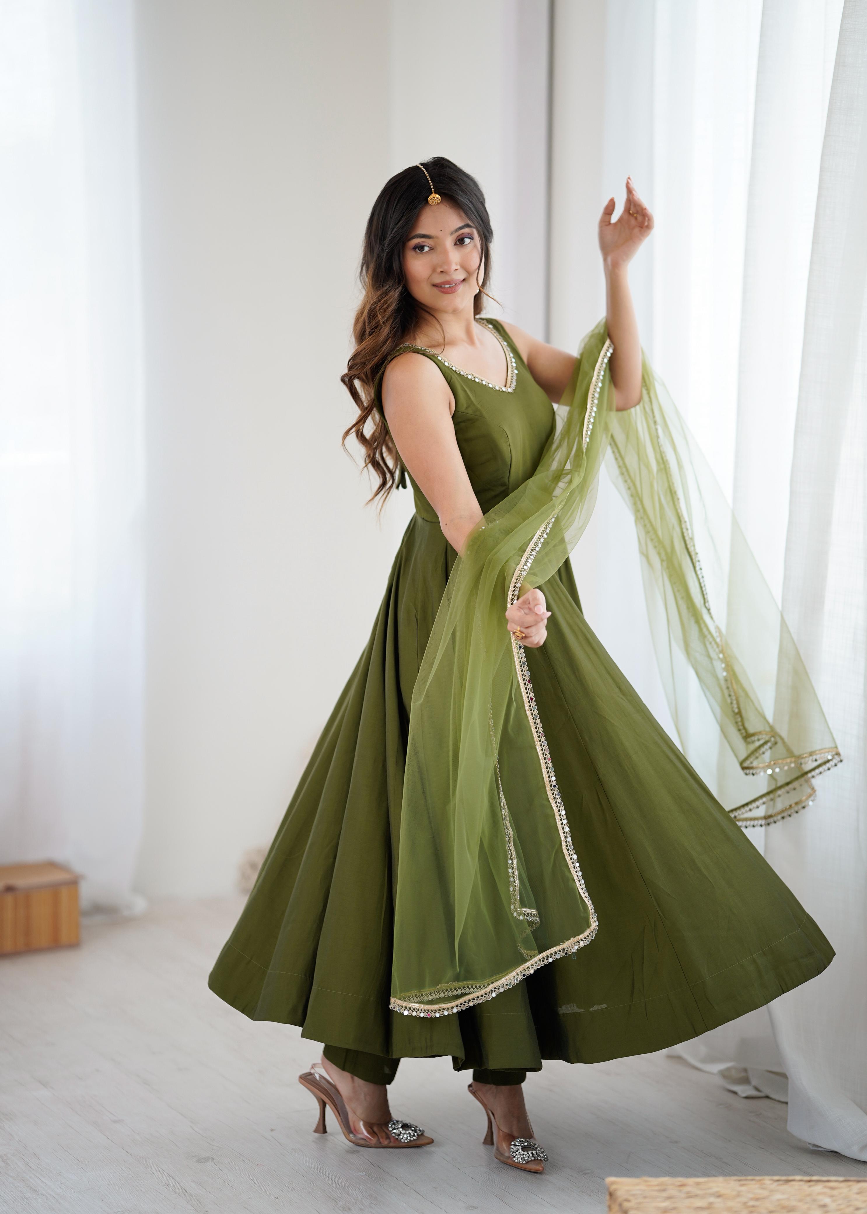Mehendi Roman Silk Chanderi Anarkali Suit Set with Huge Flair for Festive Occasions