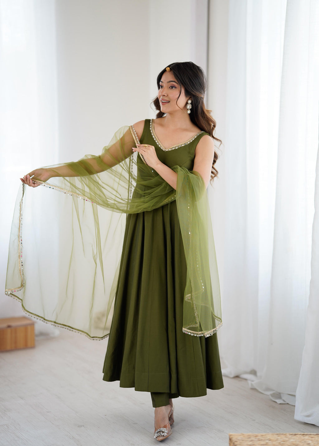 Mehendi Roman Silk Chanderi Anarkali Suit Set with Huge Flair for Festive Occasions