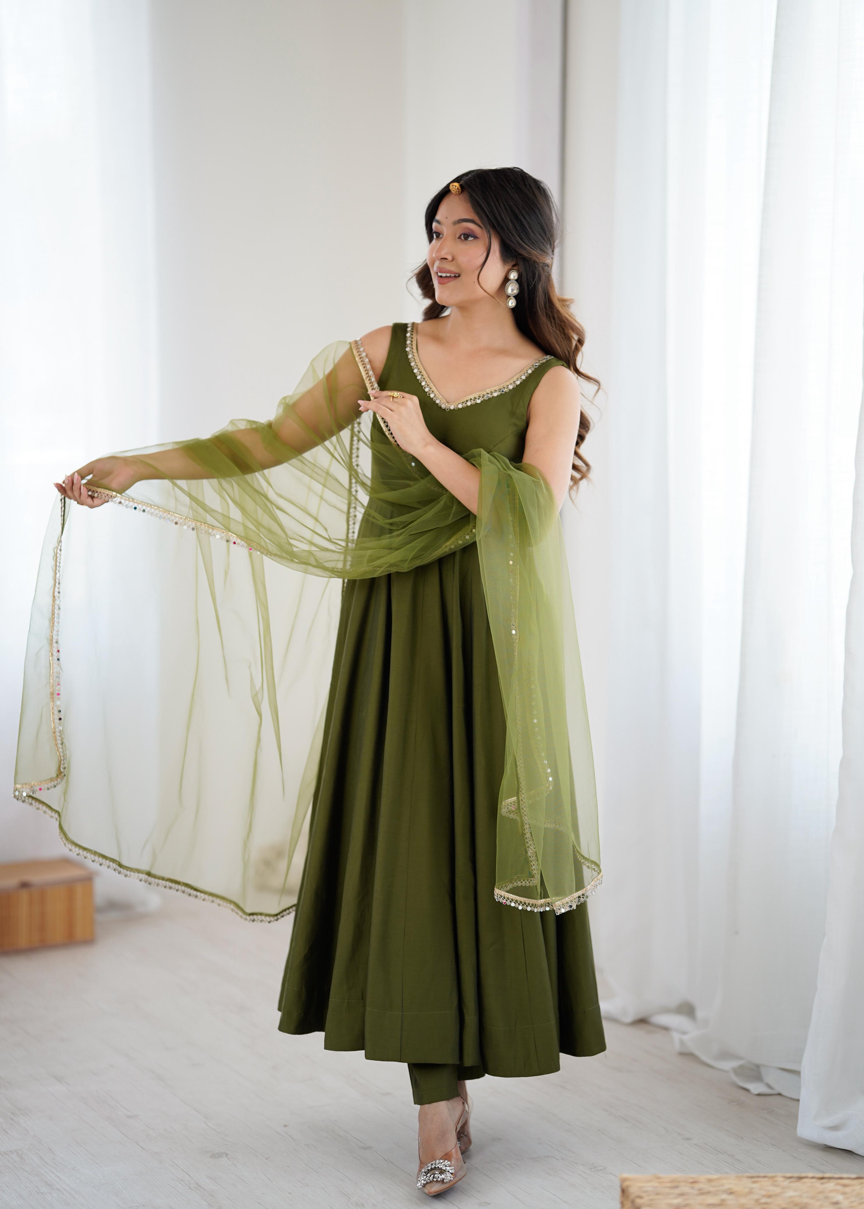 Mehendi Roman Silk Chanderi Anarkali Suit Set with Huge Flair for Festive Occasions