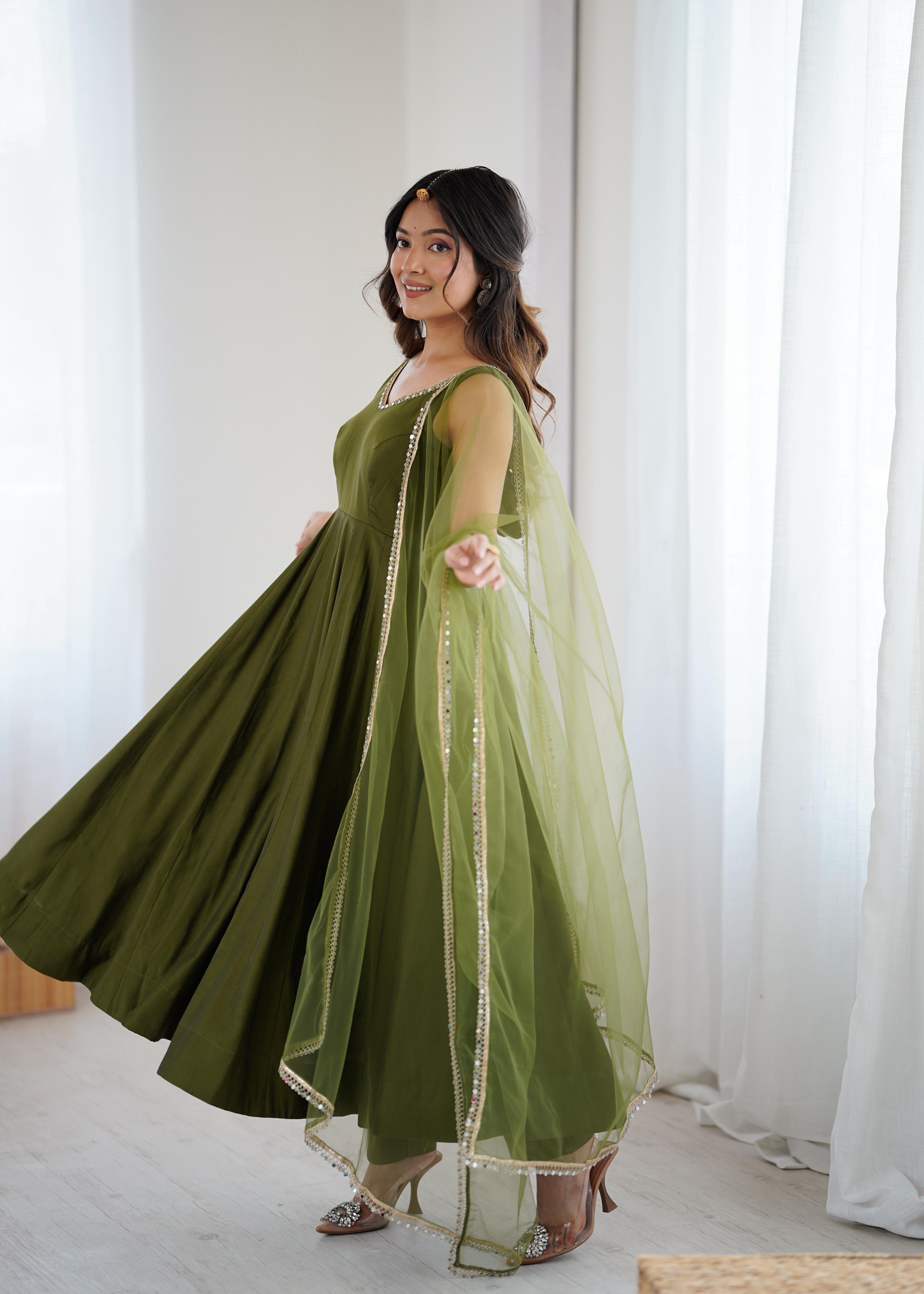 Mehendi Roman Silk Chanderi Anarkali Suit Set with Huge Flair for Festive Occasions
