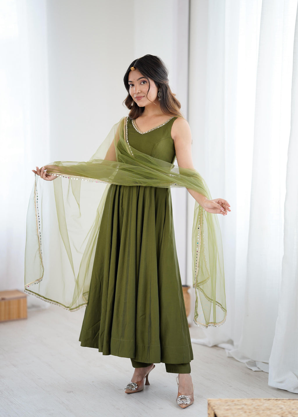 Mehendi Roman Silk Chanderi Anarkali Suit Set with Huge Flair for Festive Occasions