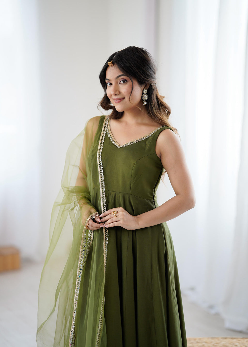Mehendi Roman Silk Chanderi Anarkali Suit Set with Huge Flair for Festive Occasions