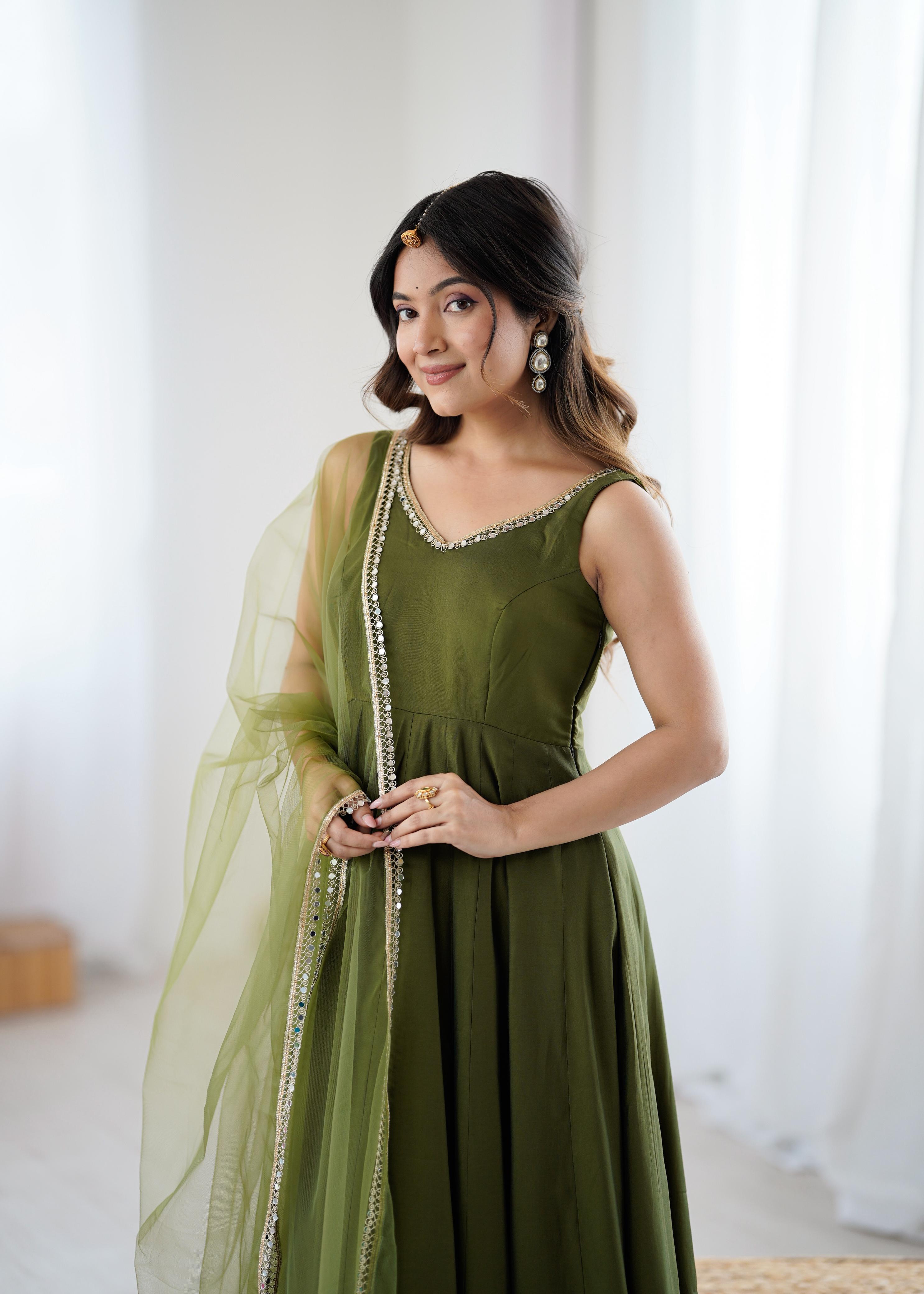 Mehendi Roman Silk Chanderi Anarkali Suit Set with Huge Flair for Festive Occasions