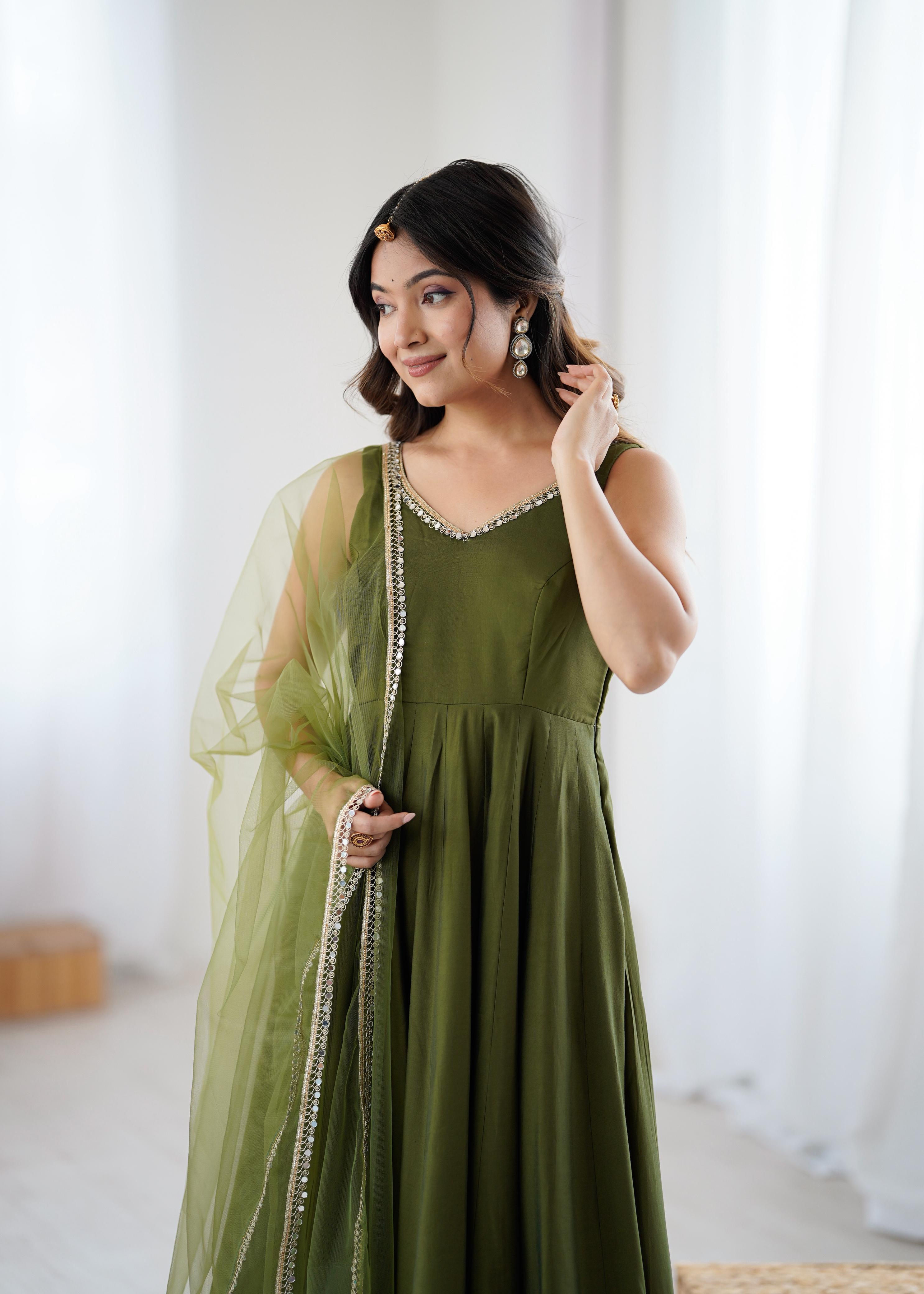 Mehendi Roman Silk Chanderi Anarkali Suit Set with Huge Flair for Festive Occasions