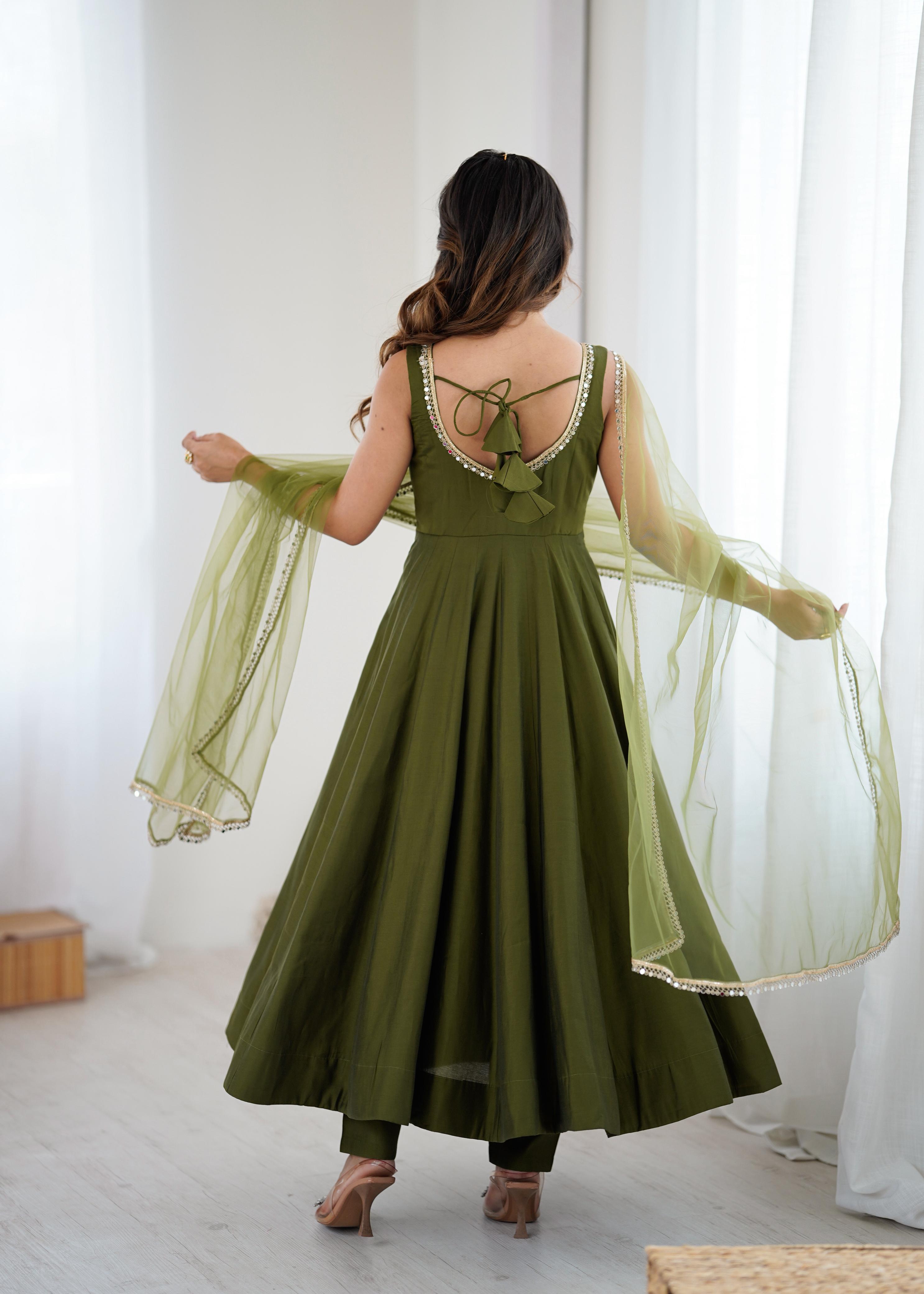 Mehendi Roman Silk Chanderi Anarkali Suit Set with Huge Flair for Festive Occasions