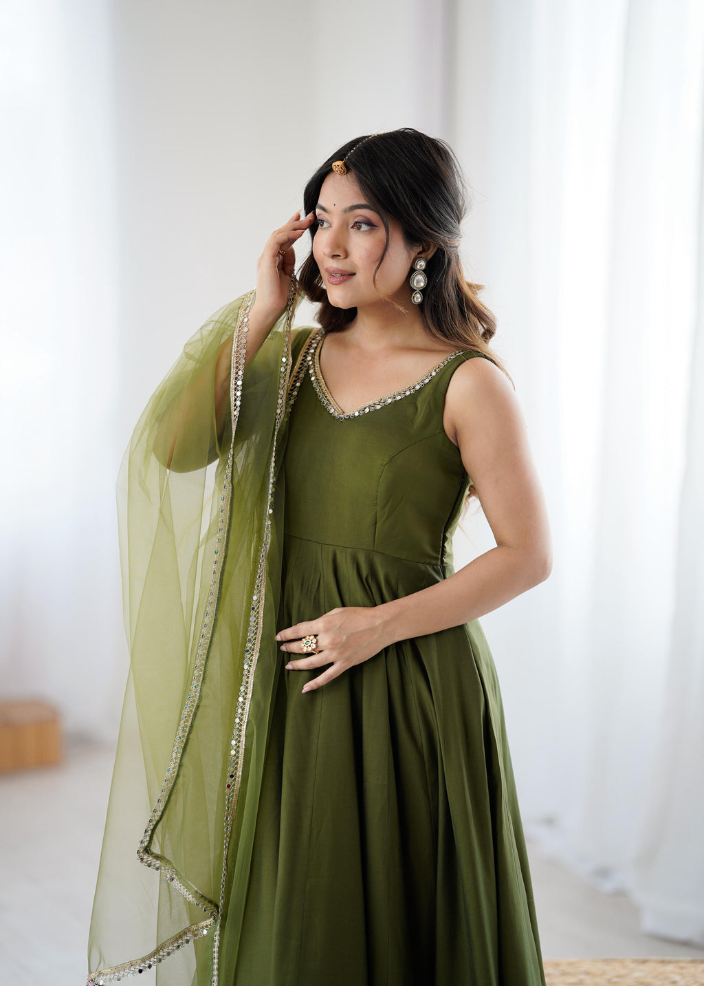 Mehendi Roman Silk Chanderi Anarkali Suit Set with Huge Flair for Festive Occasions
