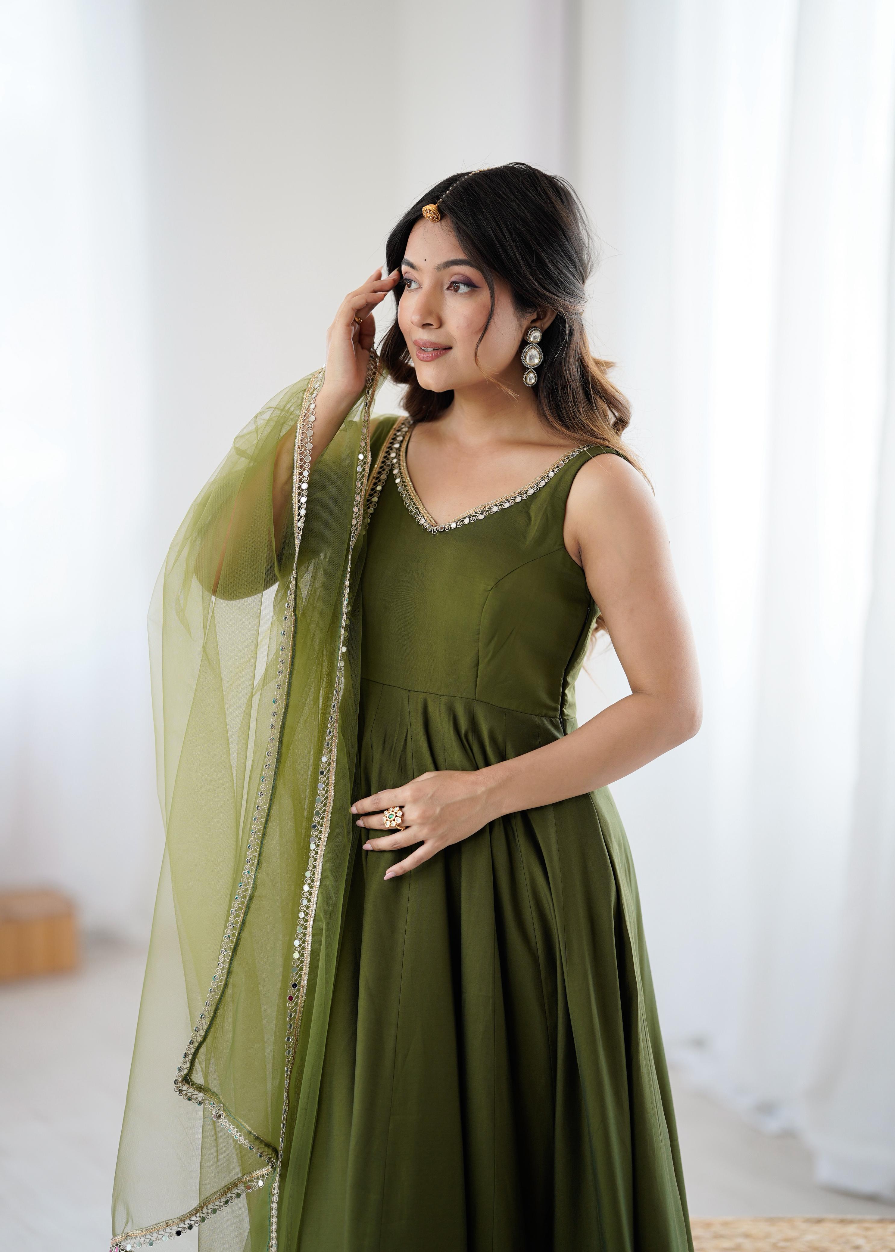 Mehendi Roman Silk Chanderi Anarkali Suit Set with Huge Flair for Festive Occasions