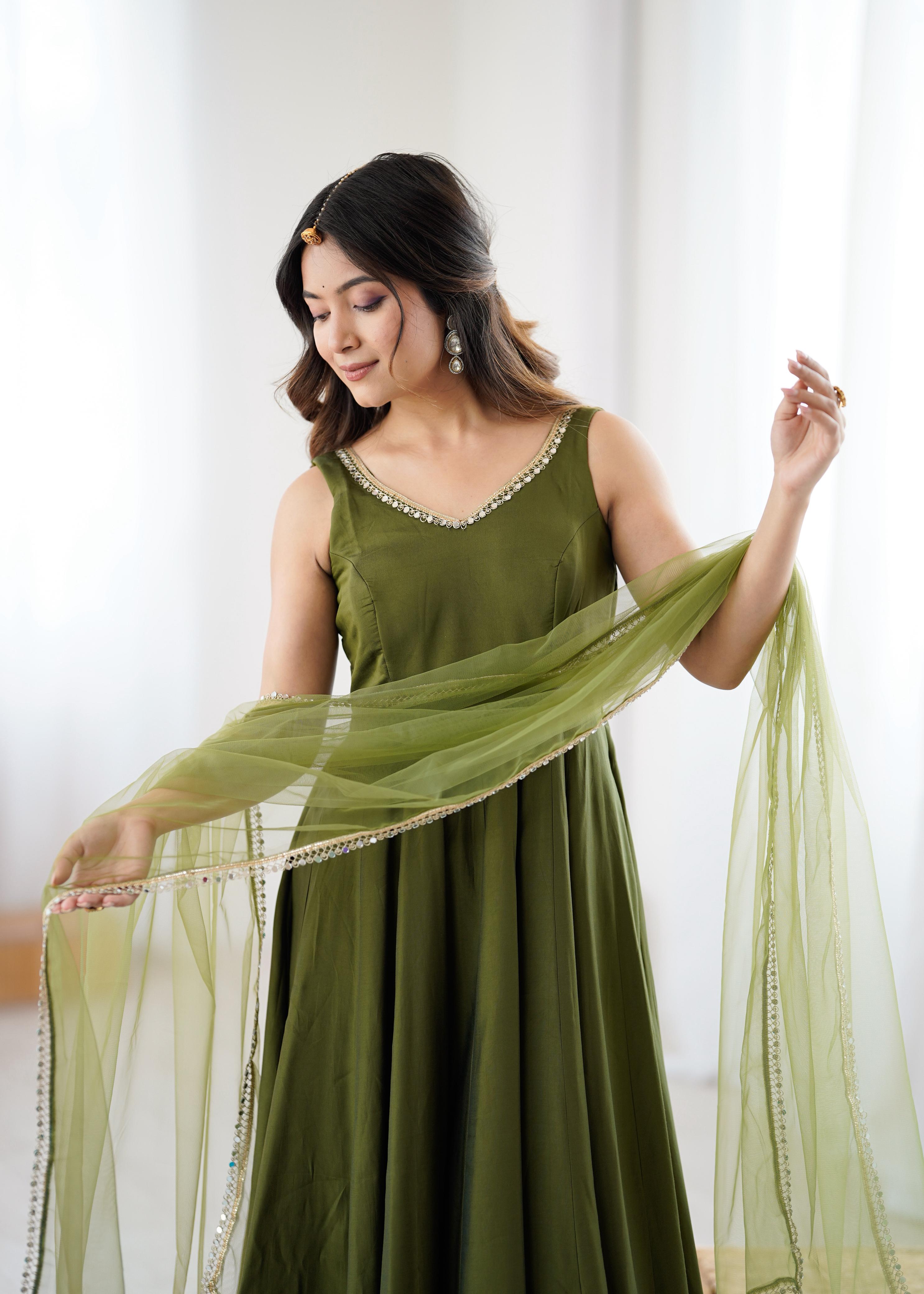 Mehendi Roman Silk Chanderi Anarkali Suit Set with Huge Flair for Festive Occasions