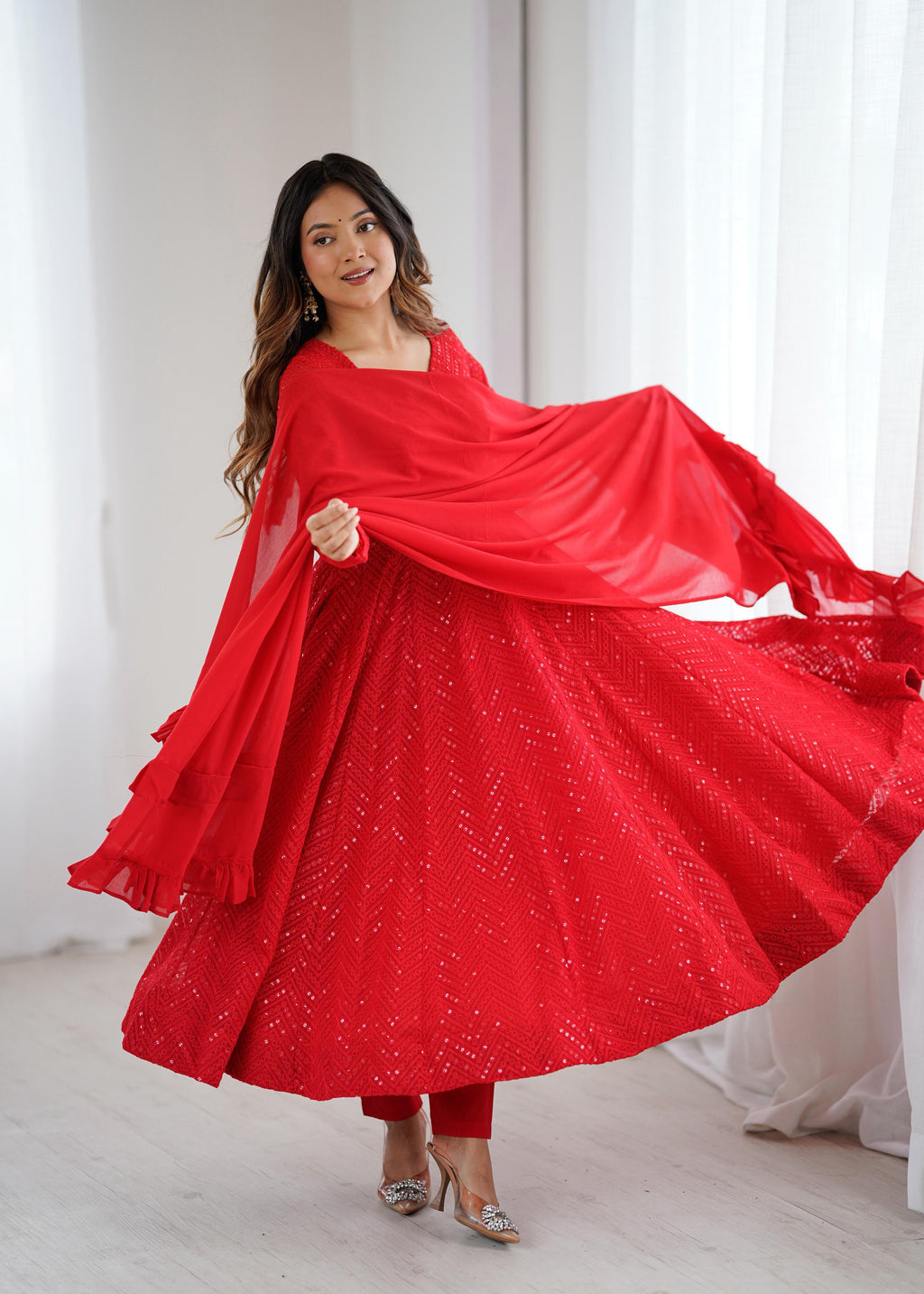 Red Pure Soft Georgette Anarkali Suit Set with Huge Flair for Festive Occasions
