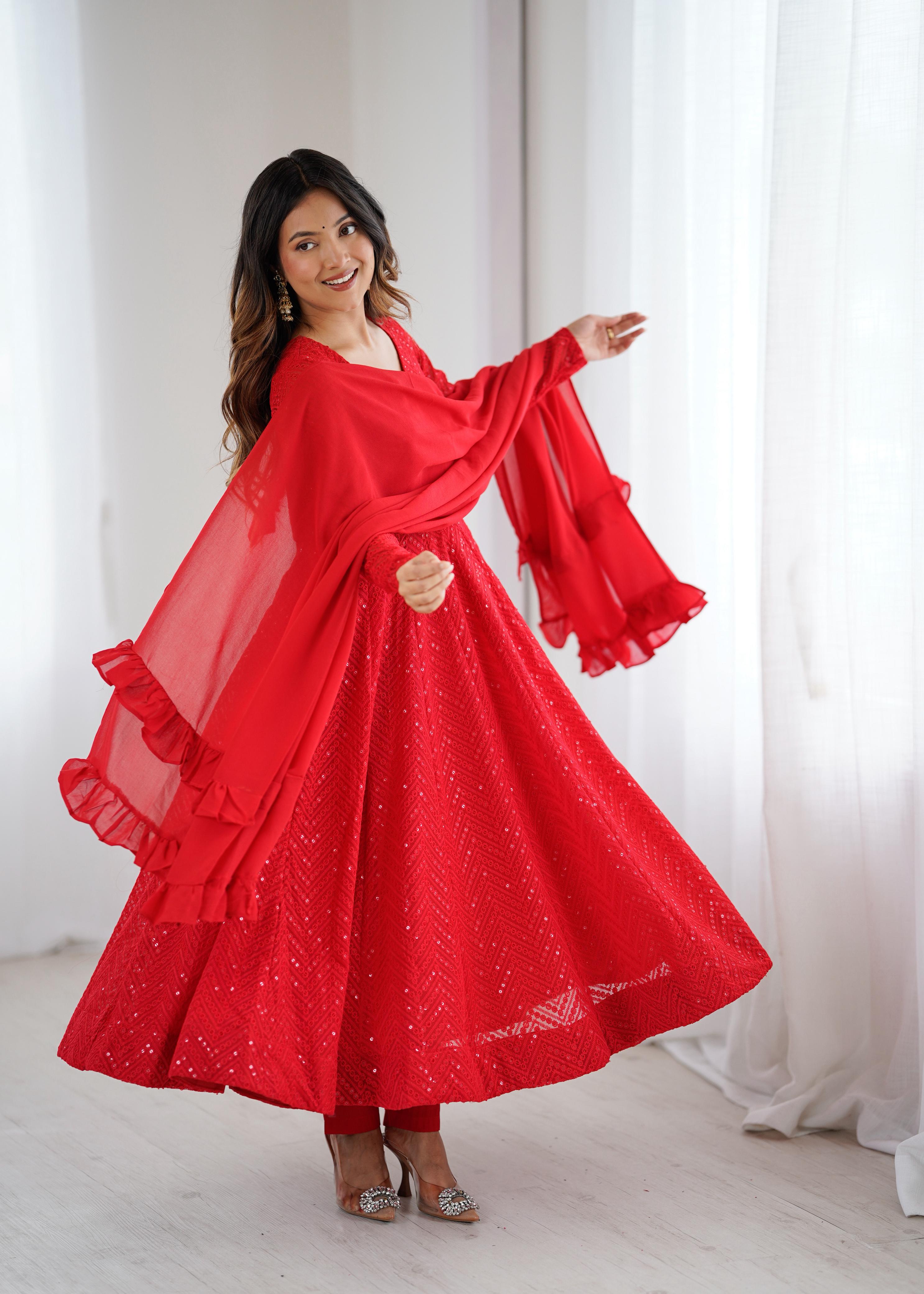 Red Pure Soft Georgette Anarkali Suit Set with Huge Flair for Festive Occasions