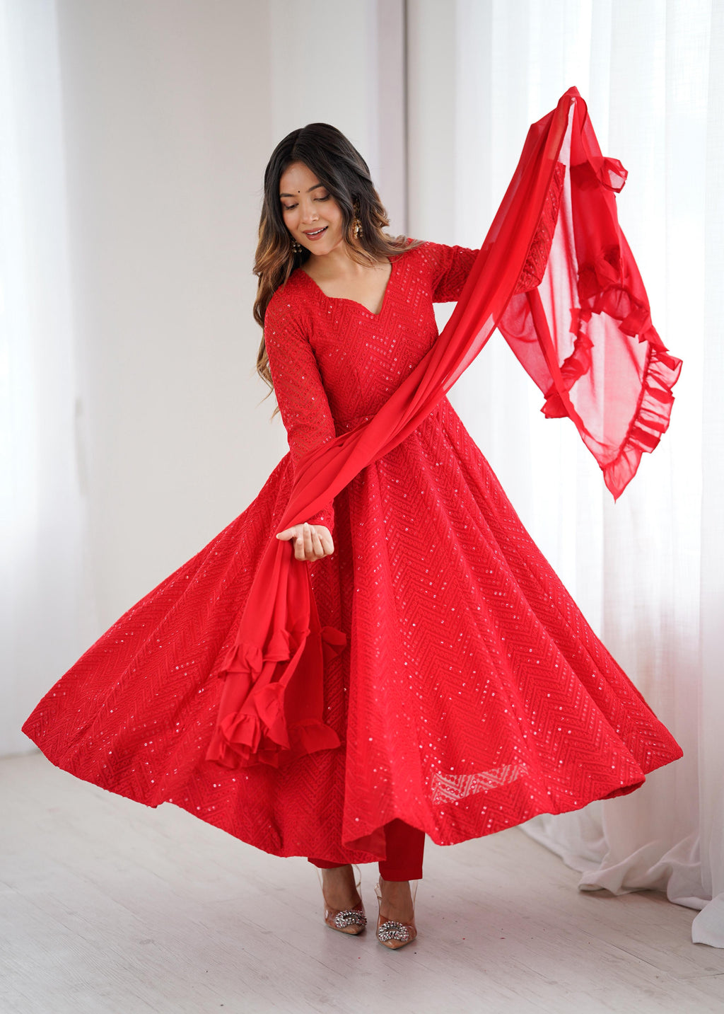 Red Pure Soft Georgette Anarkali Suit Set with Huge Flair for Festive Occasions