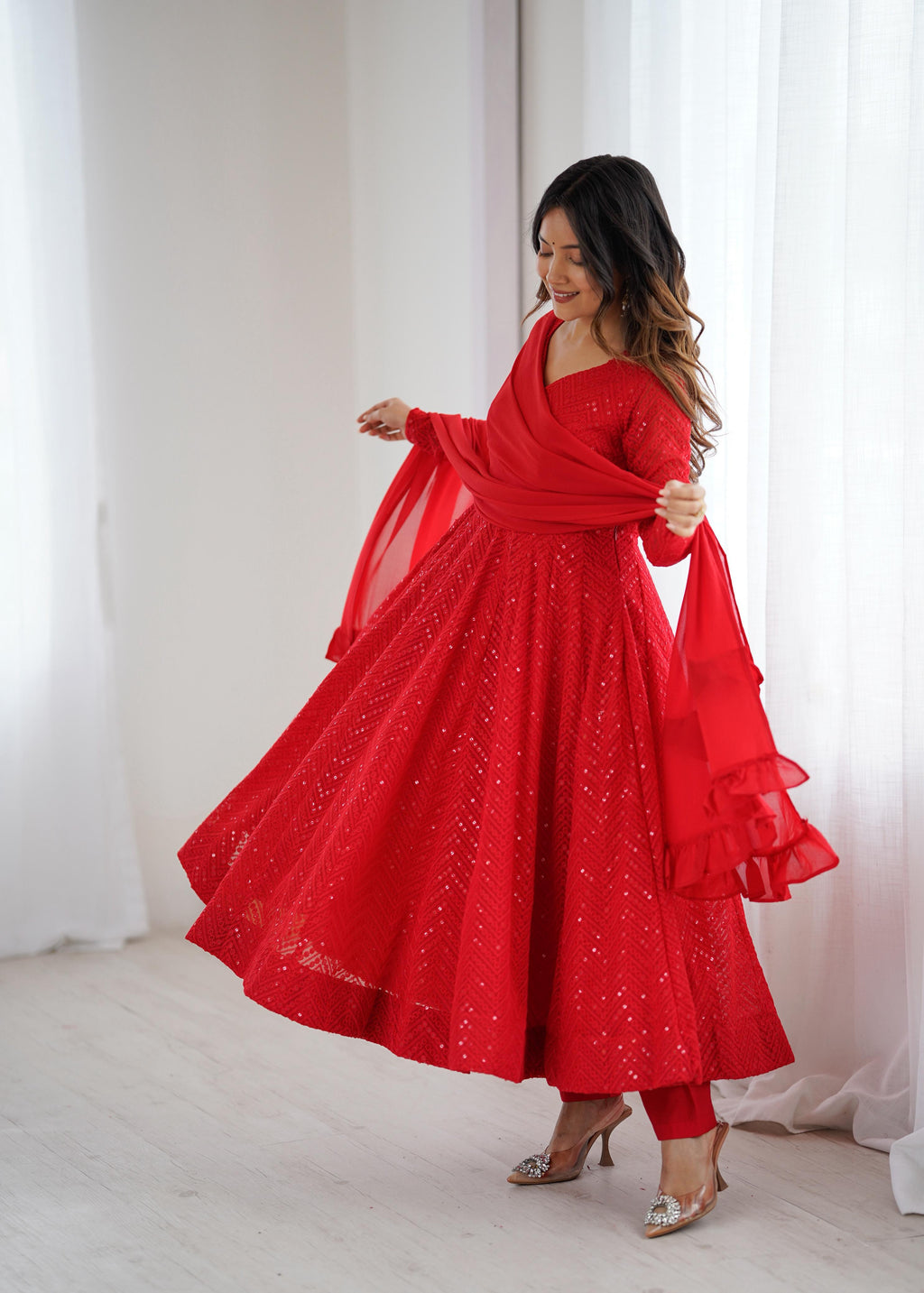 Red Pure Soft Georgette Anarkali Suit Set with Huge Flair for Festive Occasions