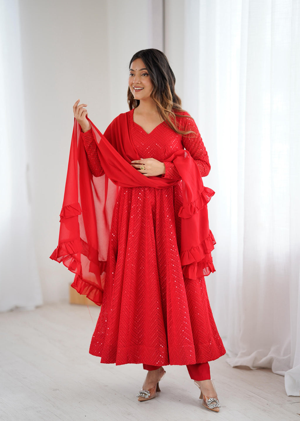 Red Pure Soft Georgette Anarkali Suit Set with Huge Flair for Festive Occasions