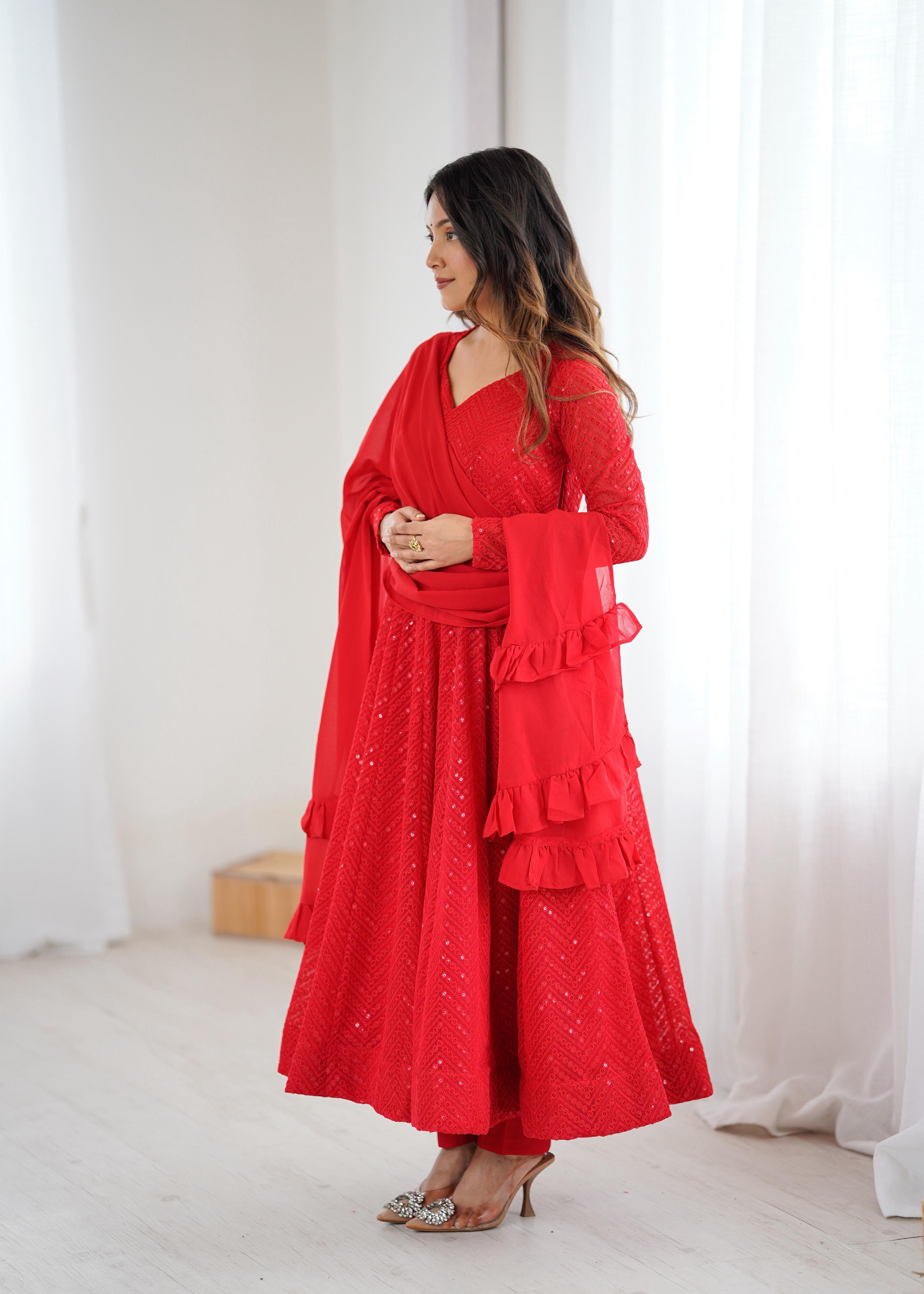 Red Pure Soft Georgette Anarkali Suit Set with Huge Flair for Festive Occasions