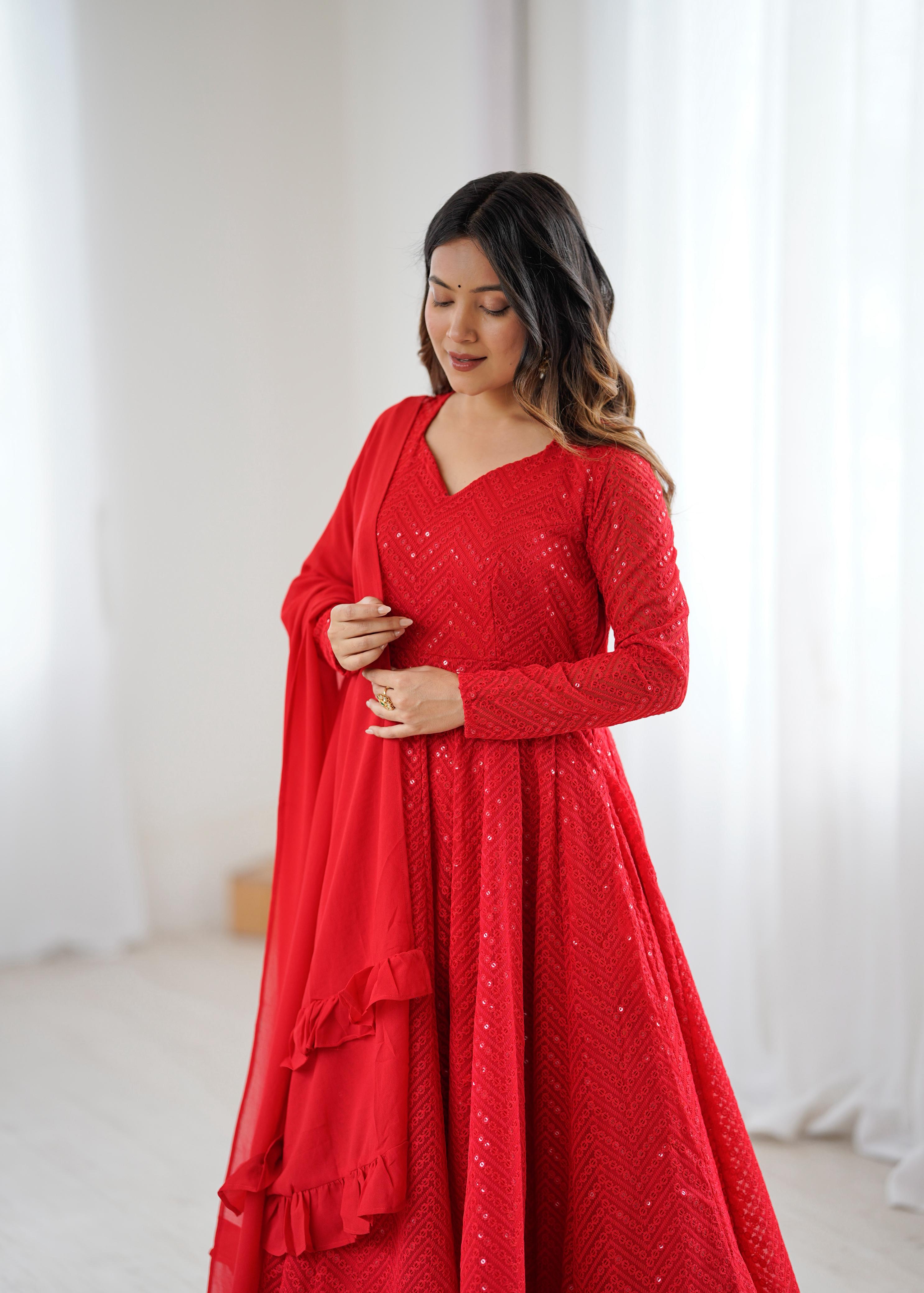 Red Pure Soft Georgette Anarkali Suit Set with Huge Flair for Festive Occasions