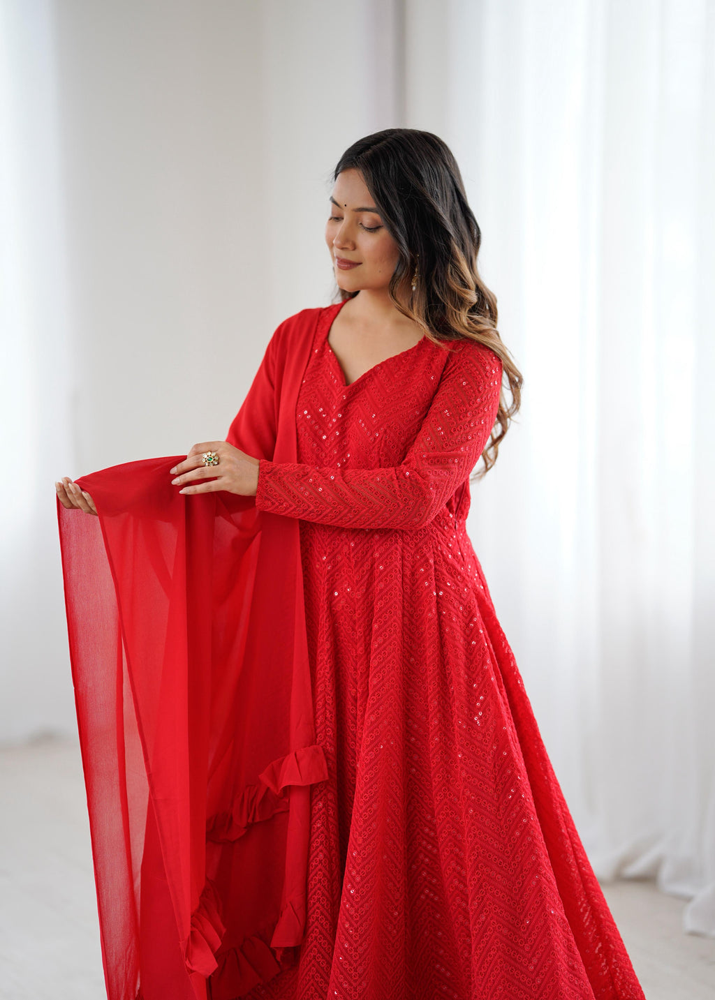 Red Pure Soft Georgette Anarkali Suit Set with Huge Flair for Festive Occasions