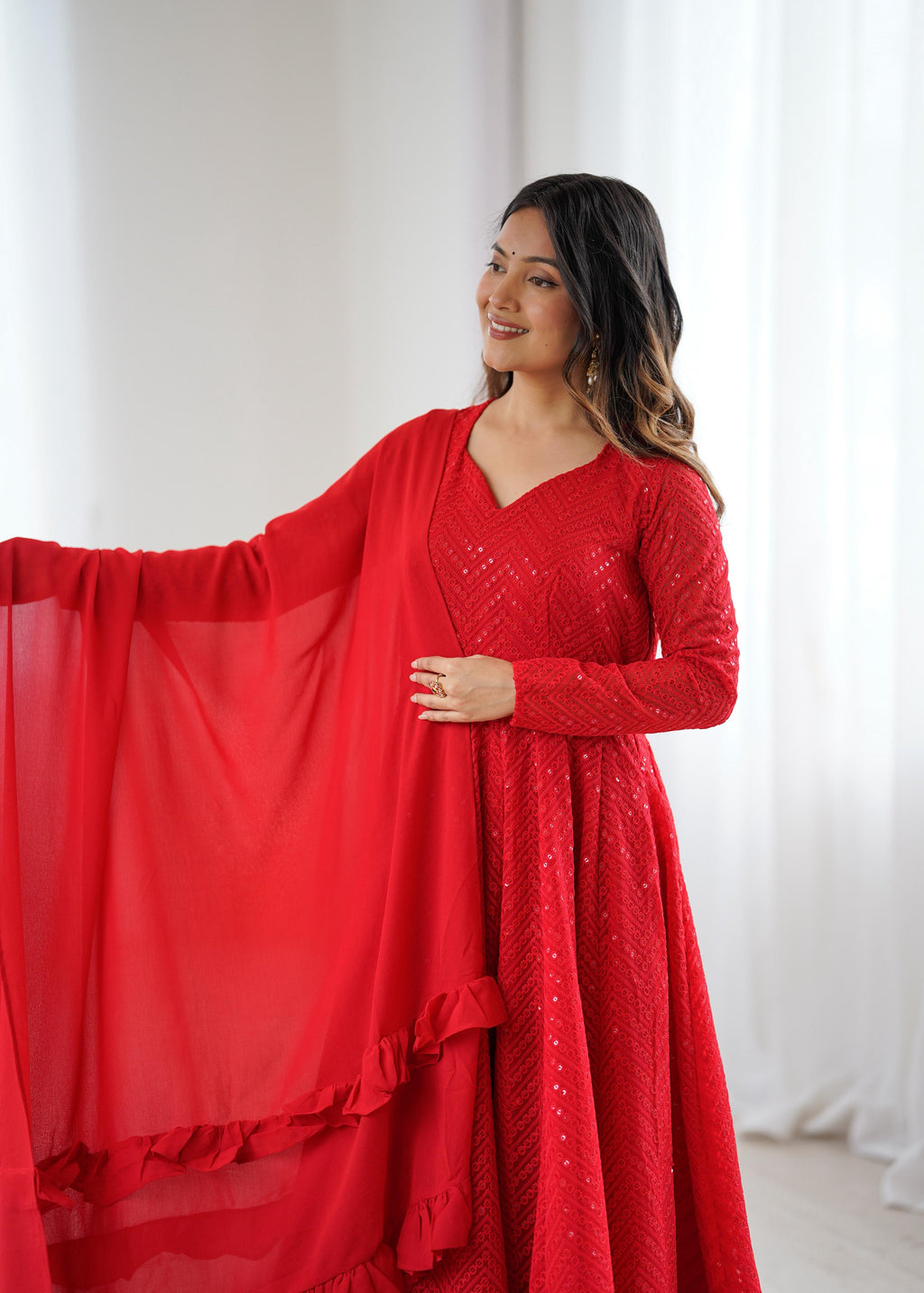 Red Pure Soft Georgette Anarkali Suit Set with Huge Flair for Festive Occasions