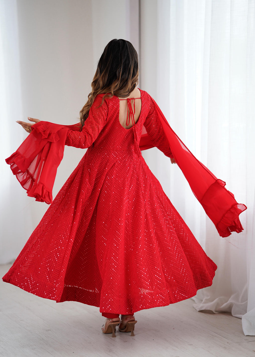 Red Pure Soft Georgette Anarkali Suit Set with Huge Flair for Festive Occasions