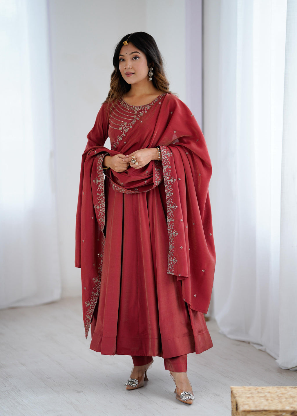 Maroon Pure Roman Shimmer Chanderi Silk Anarkali Suit Set With Huge Flair, Dupatta & Pant