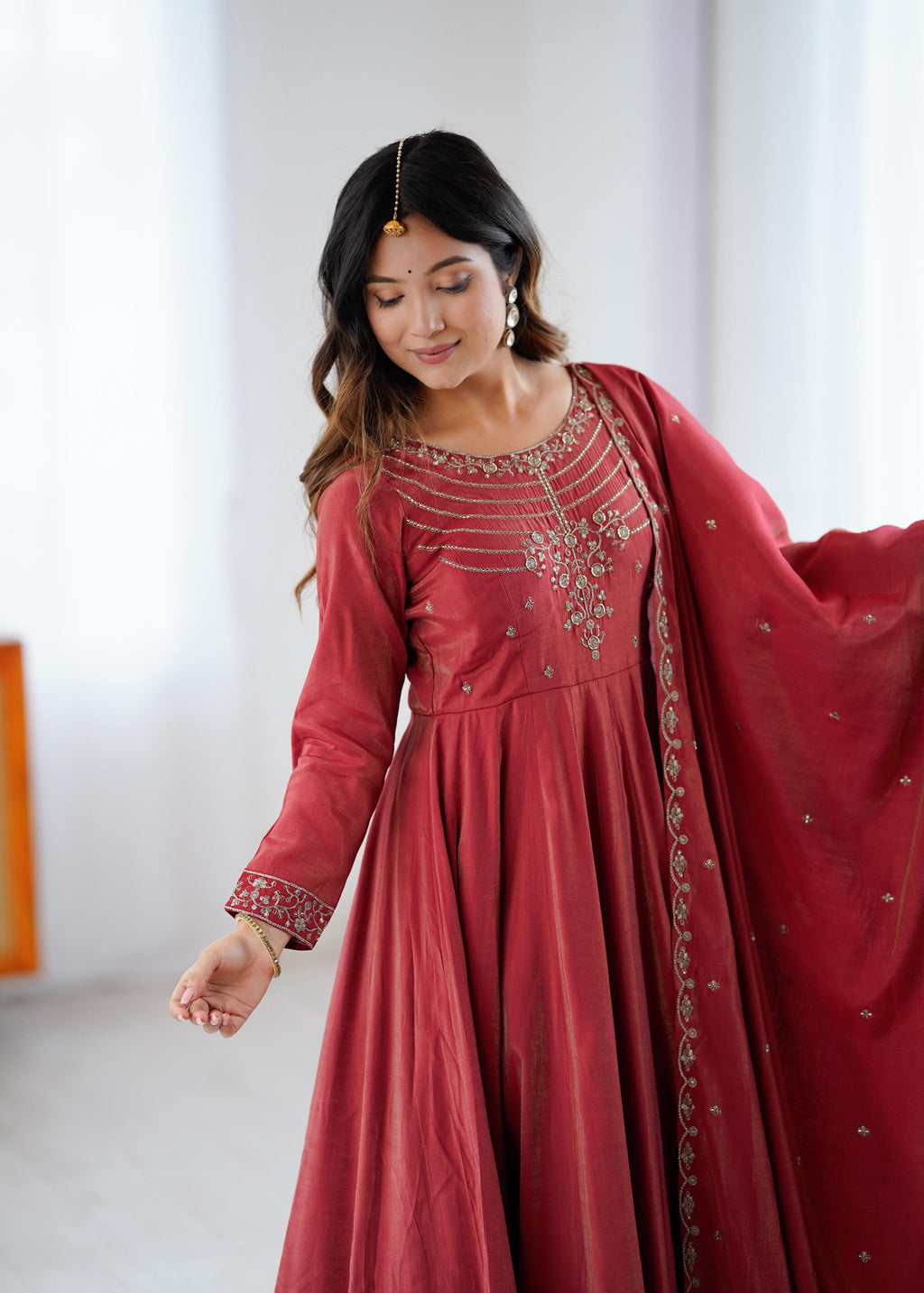 Maroon Pure Roman Shimmer Chanderi Silk Anarkali Suit Set With Huge Flair, Dupatta & Pant