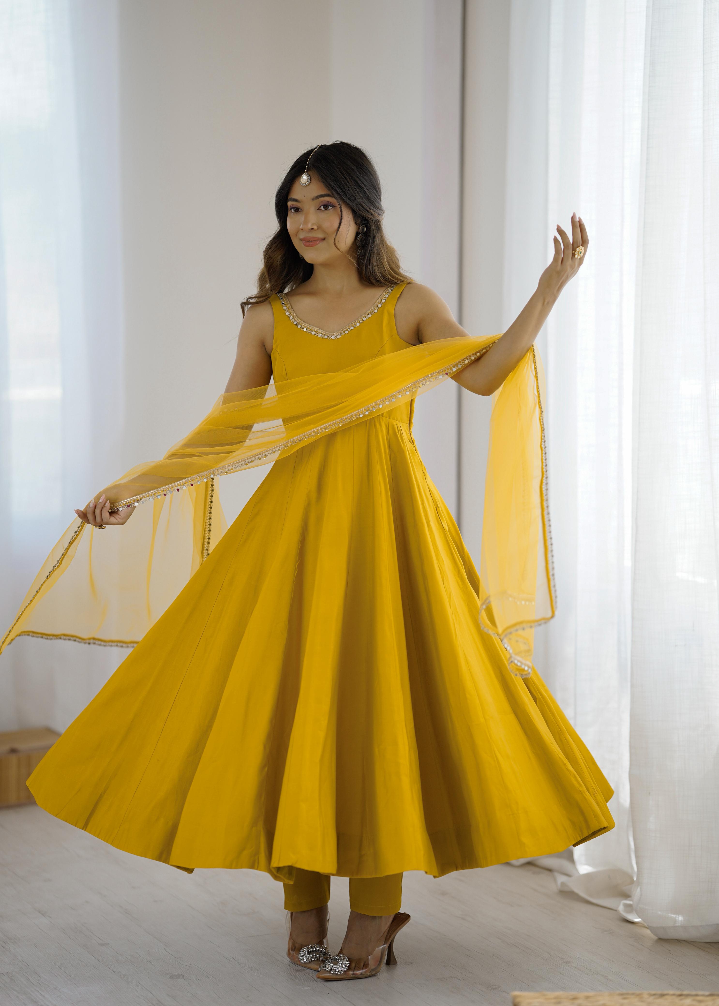 Yellow Roman Silk Chanderi Anarkali Suit Set with Huge Flair for Festive Occasions