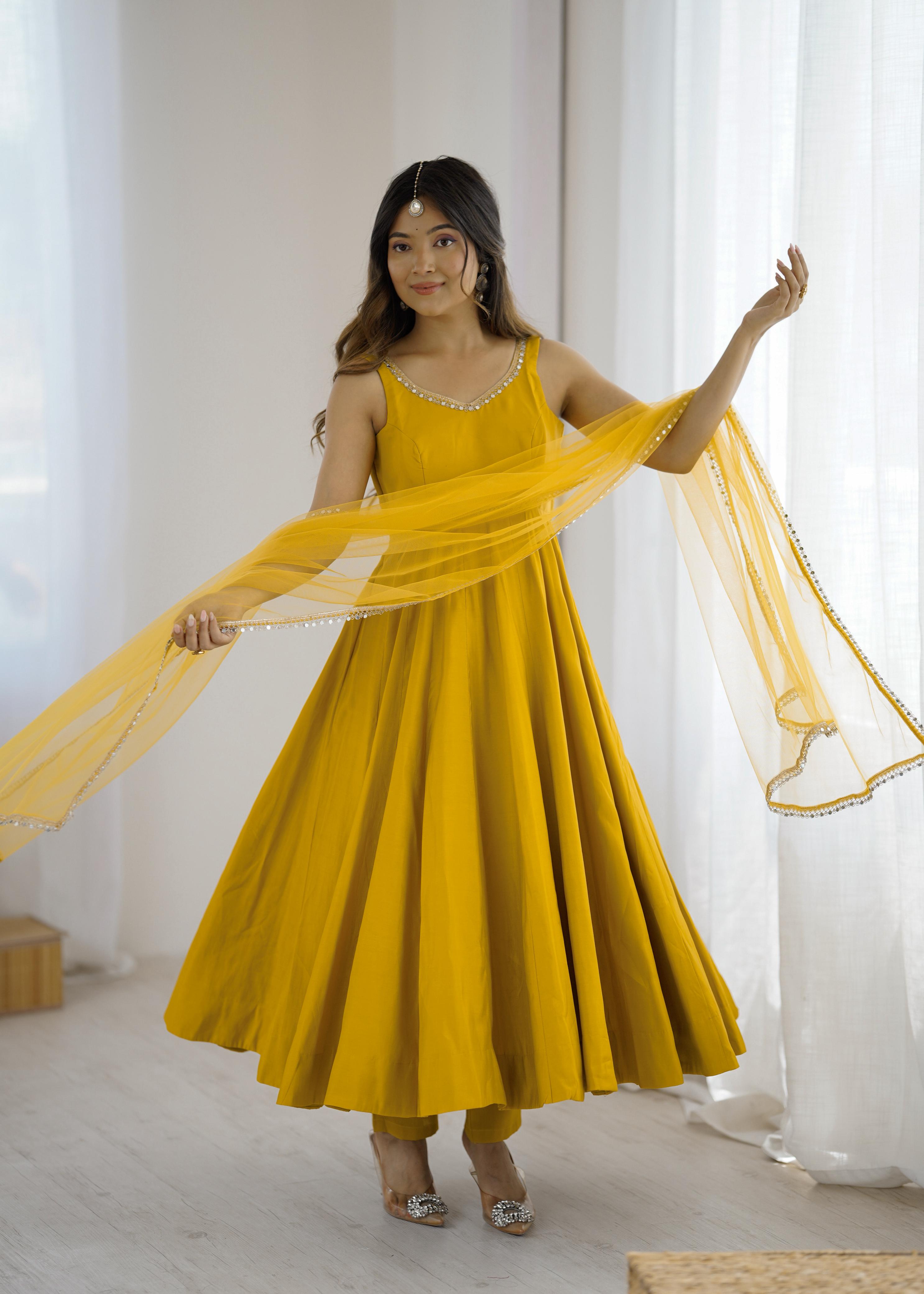 Yellow Roman Silk Chanderi Anarkali Suit Set with Huge Flair for Festive Occasions