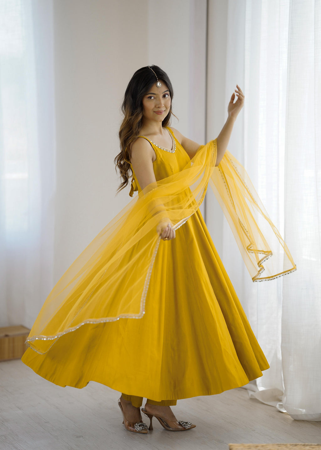 Yellow Roman Silk Chanderi Anarkali Suit Set with Huge Flair for Festive Occasions