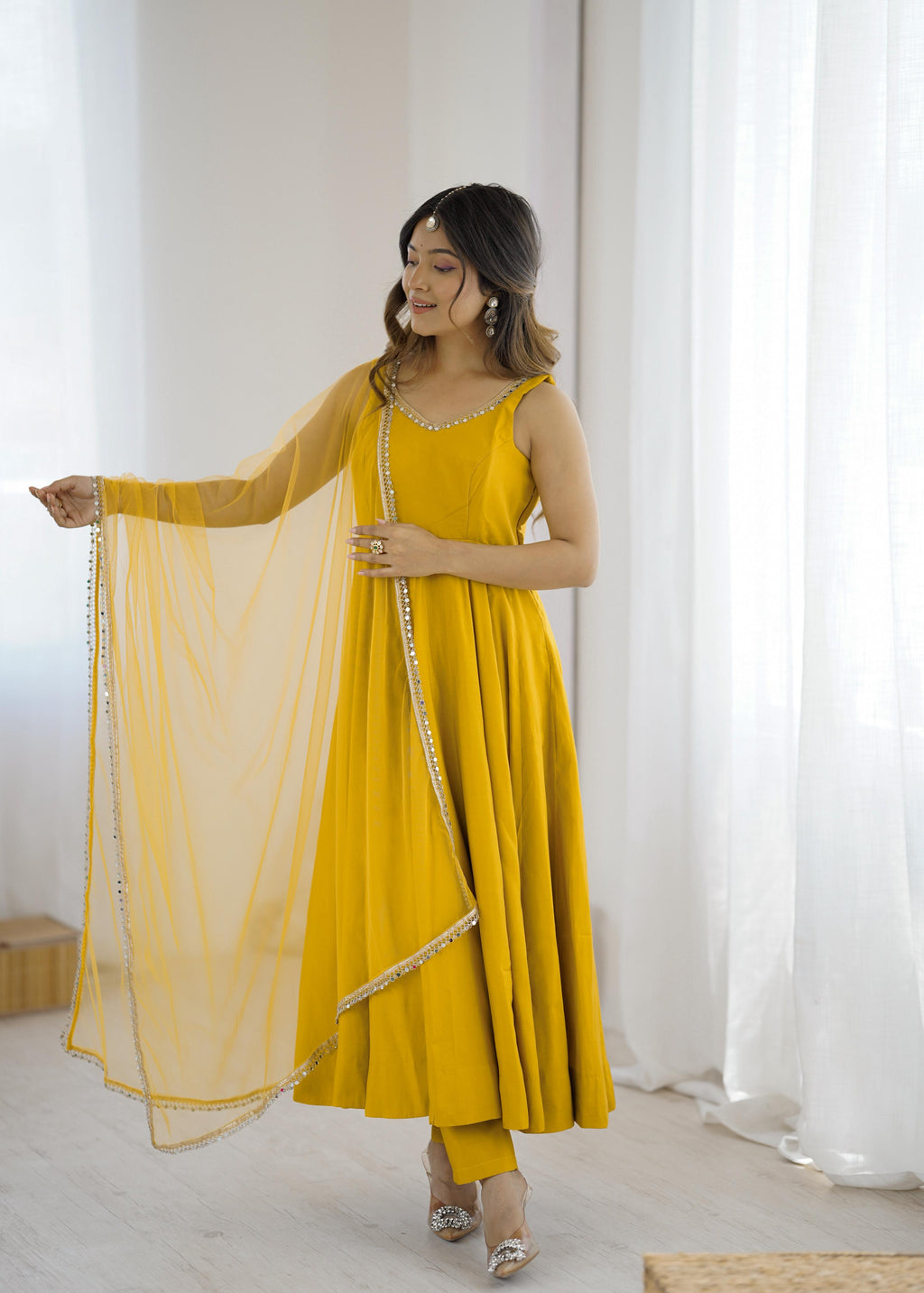Yellow Roman Silk Chanderi Anarkali Suit Set with Huge Flair for Festive Occasions