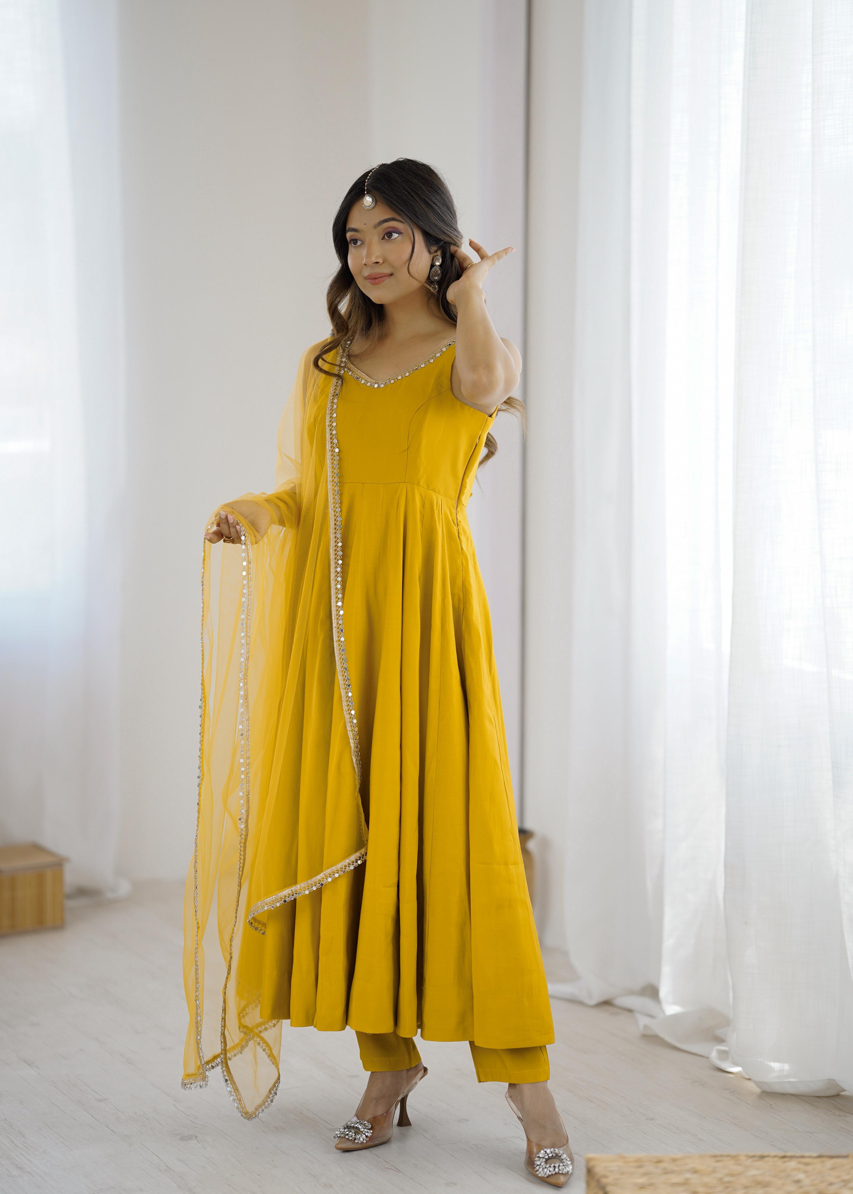 Yellow Roman Silk Chanderi Anarkali Suit Set with Huge Flair for Festive Occasions