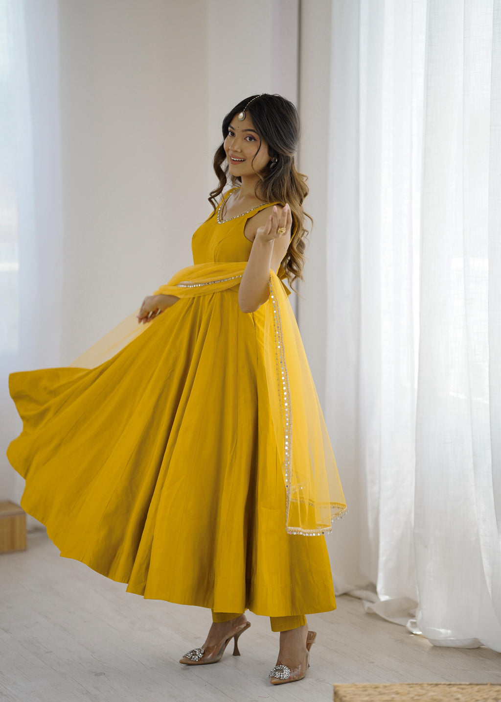 Yellow Roman Silk Chanderi Anarkali Suit Set with Huge Flair for Festive Occasions