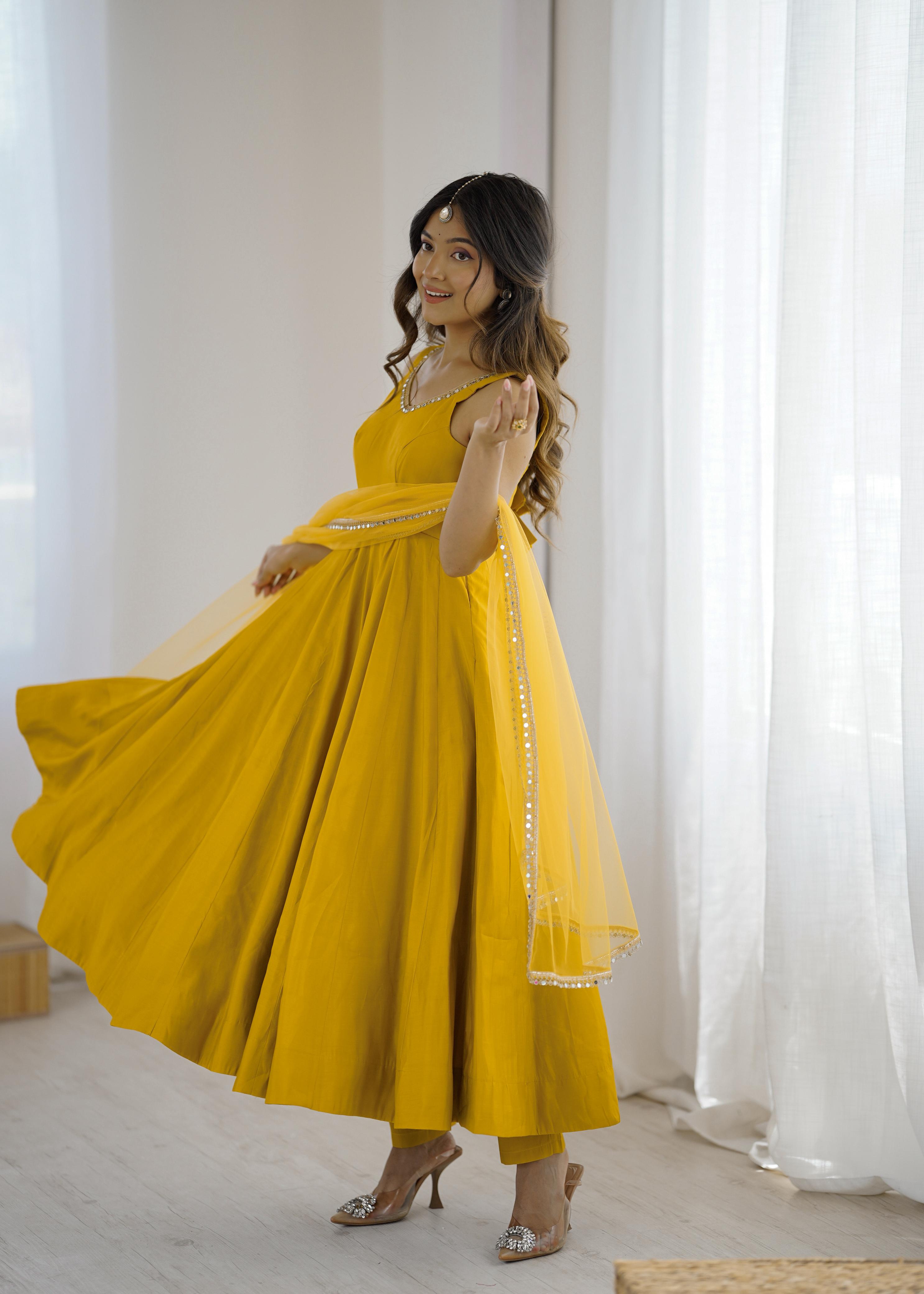 Yellow Roman Silk Chanderi Anarkali Suit Set with Huge Flair for Festive Occasions