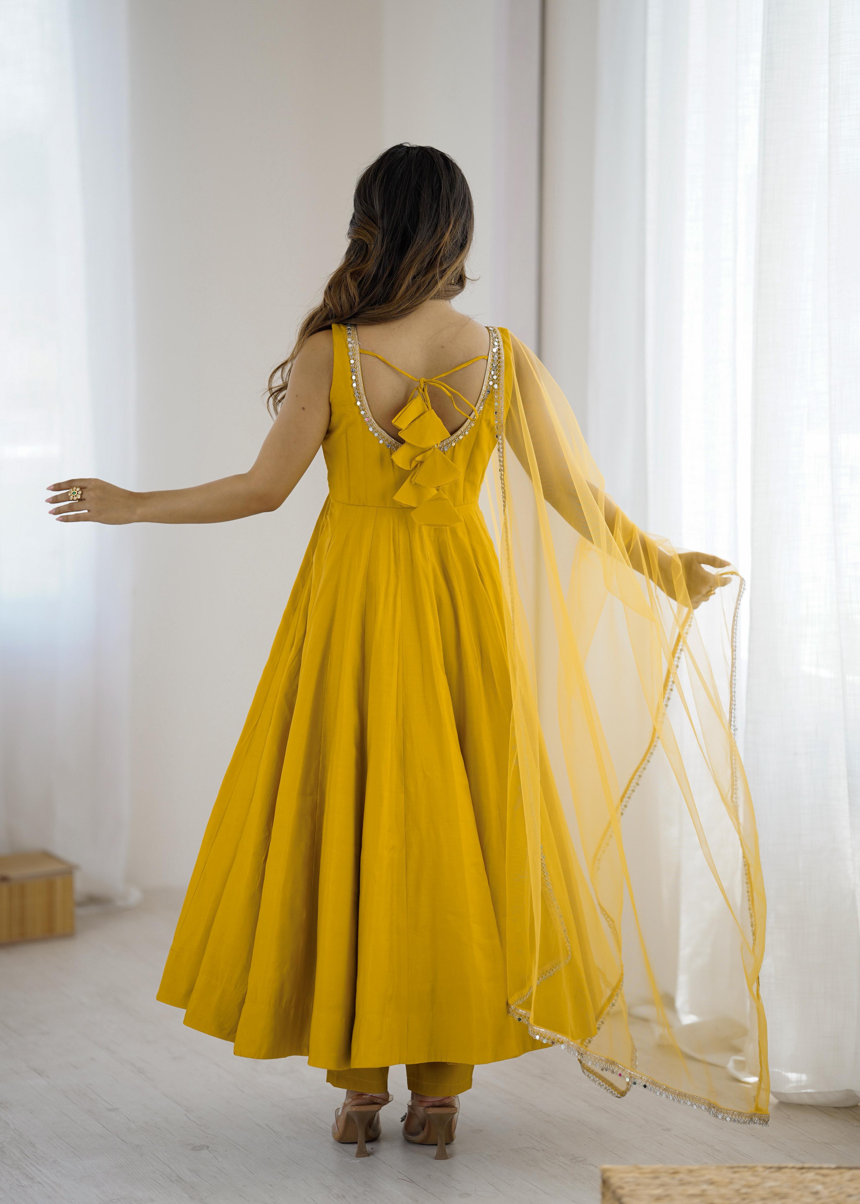Yellow Roman Silk Chanderi Anarkali Suit Set with Huge Flair for Festive Occasions