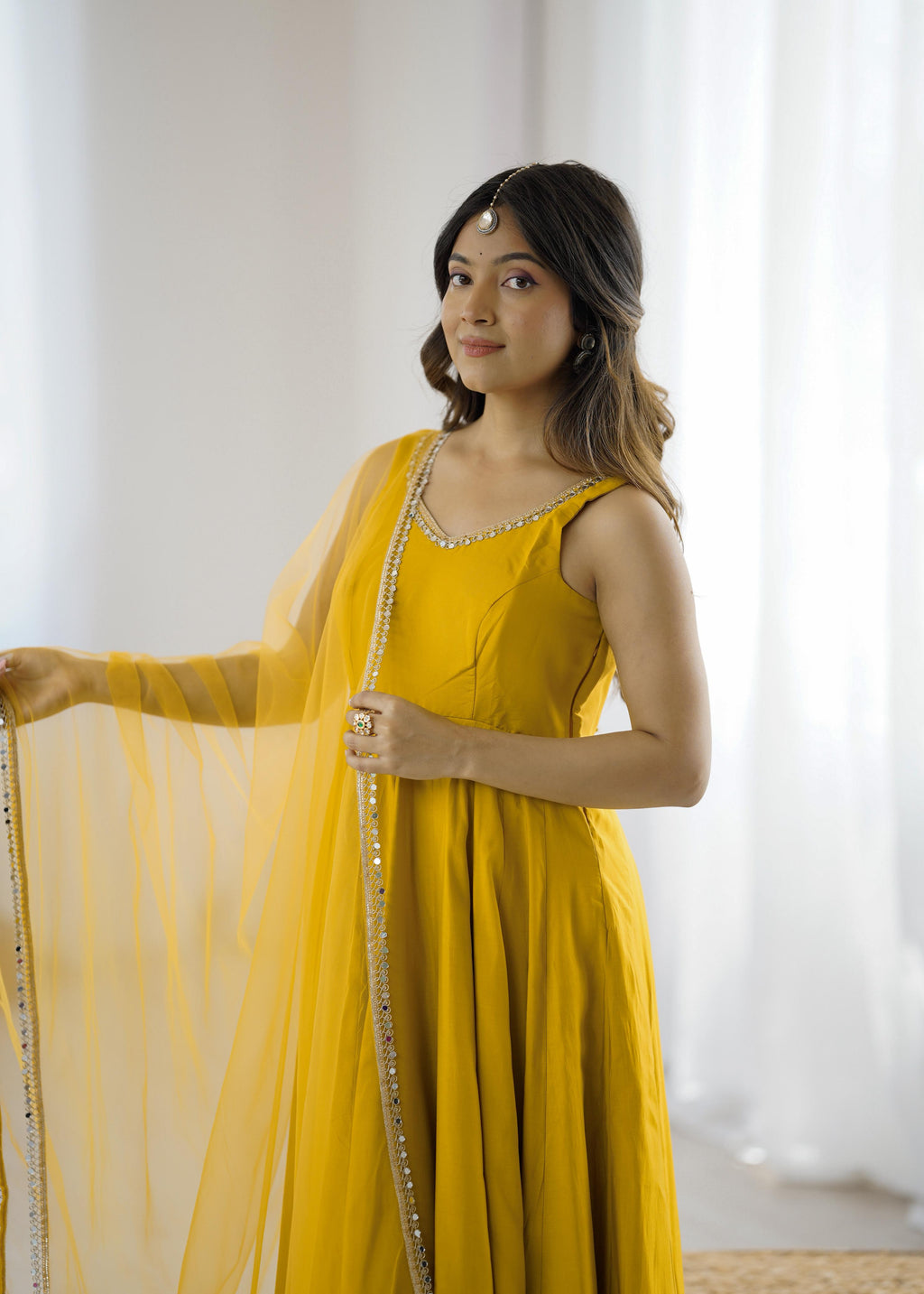 Yellow Roman Silk Chanderi Anarkali Suit Set with Huge Flair for Festive Occasions