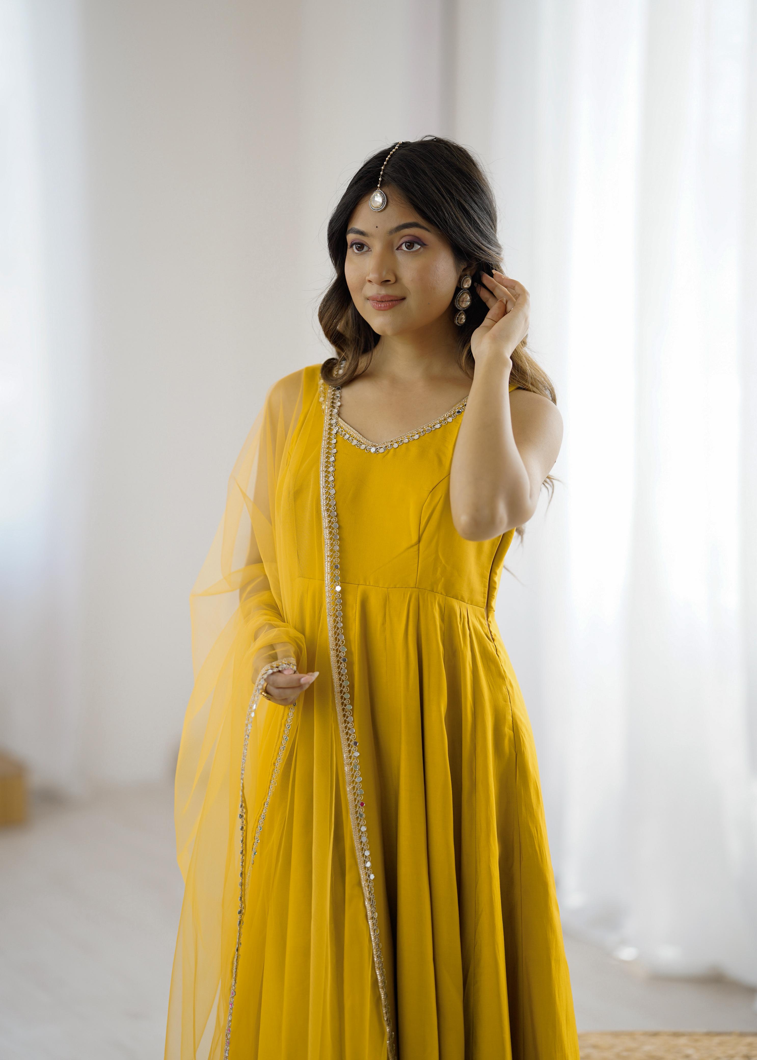 Yellow Roman Silk Chanderi Anarkali Suit Set with Huge Flair for Festive Occasions