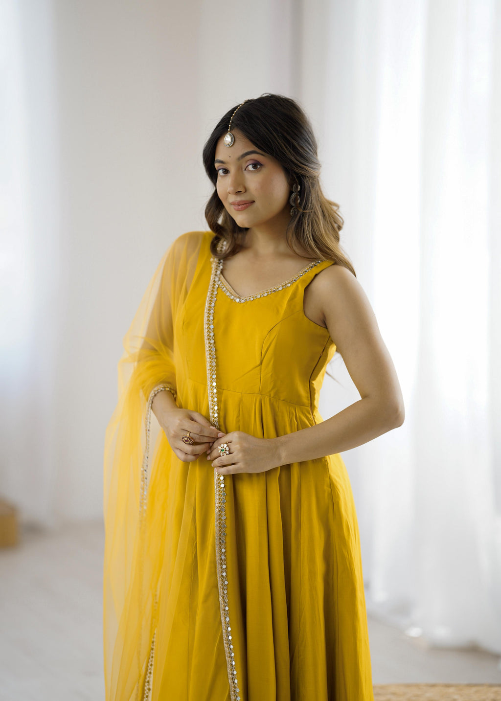 Yellow Roman Silk Chanderi Anarkali Suit Set with Huge Flair for Festive Occasions