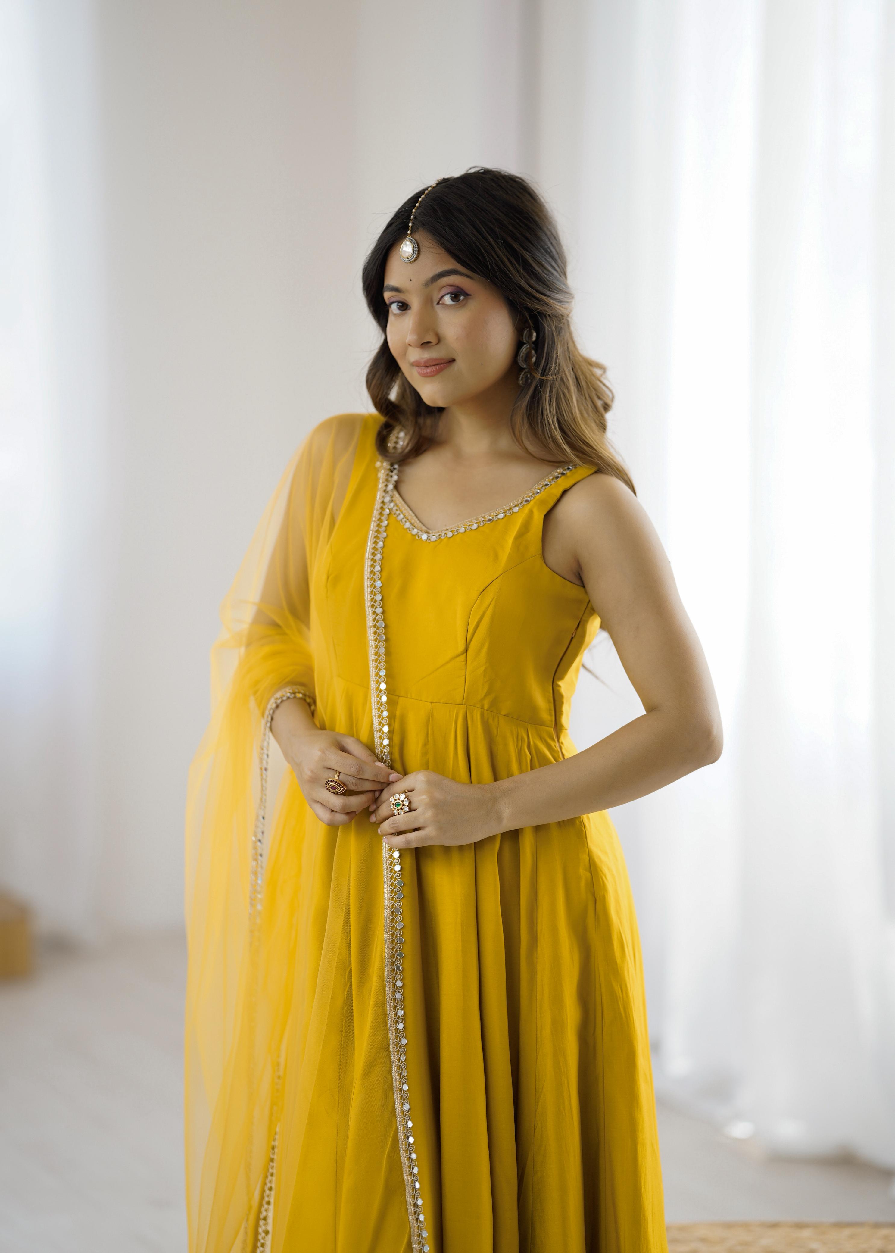 Yellow Roman Silk Chanderi Anarkali Suit Set with Huge Flair for Festive Occasions