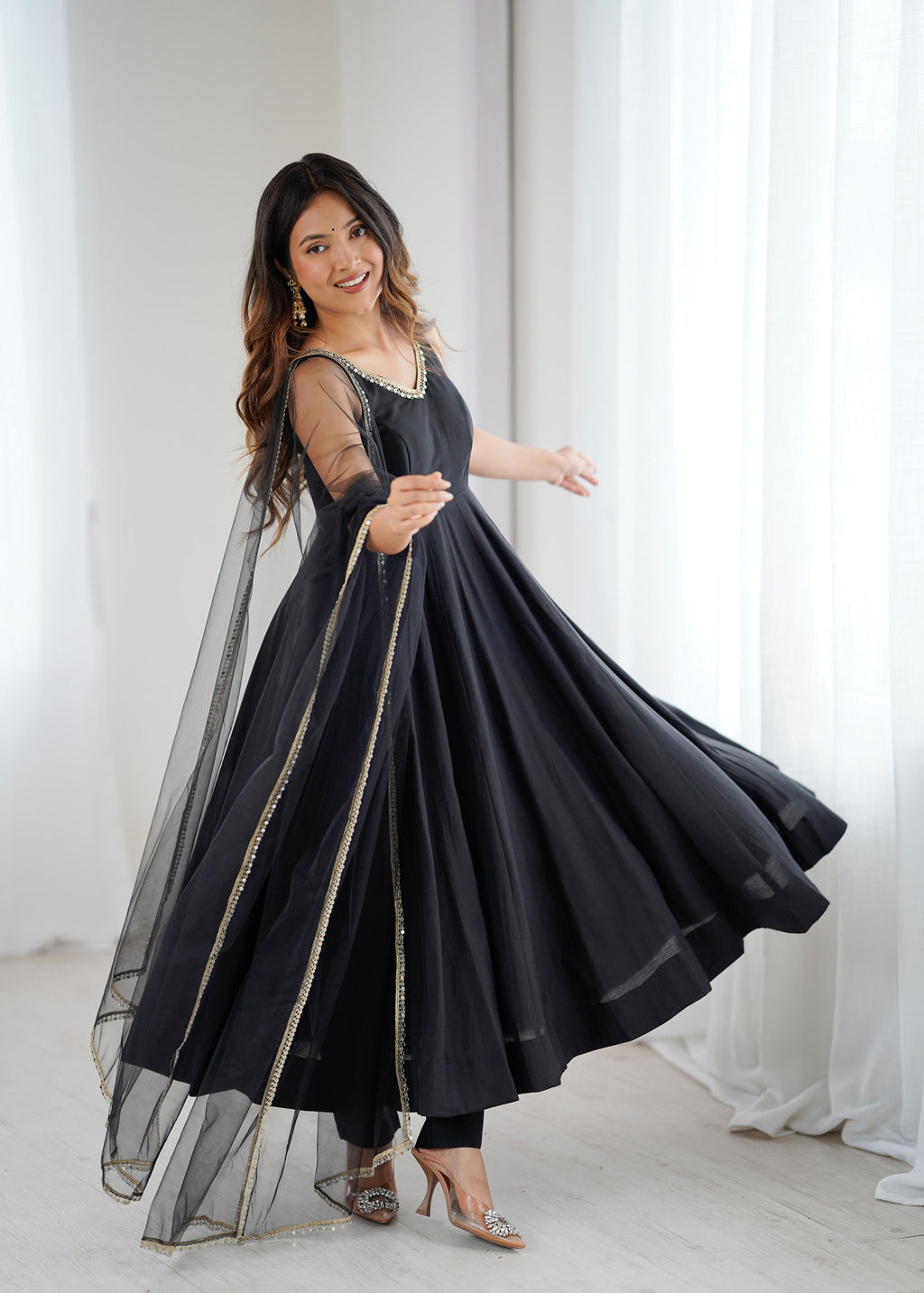 Black Roman Silk Chanderi Anarkali Suit Set with Huge Flair for Festive Occasions
