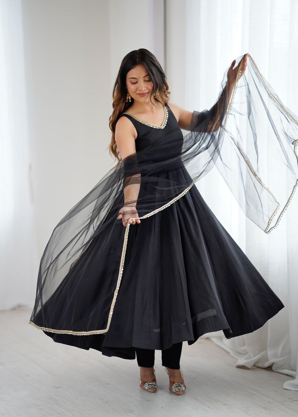 Black Roman Silk Chanderi Anarkali Suit Set with Huge Flair for Festive Occasions