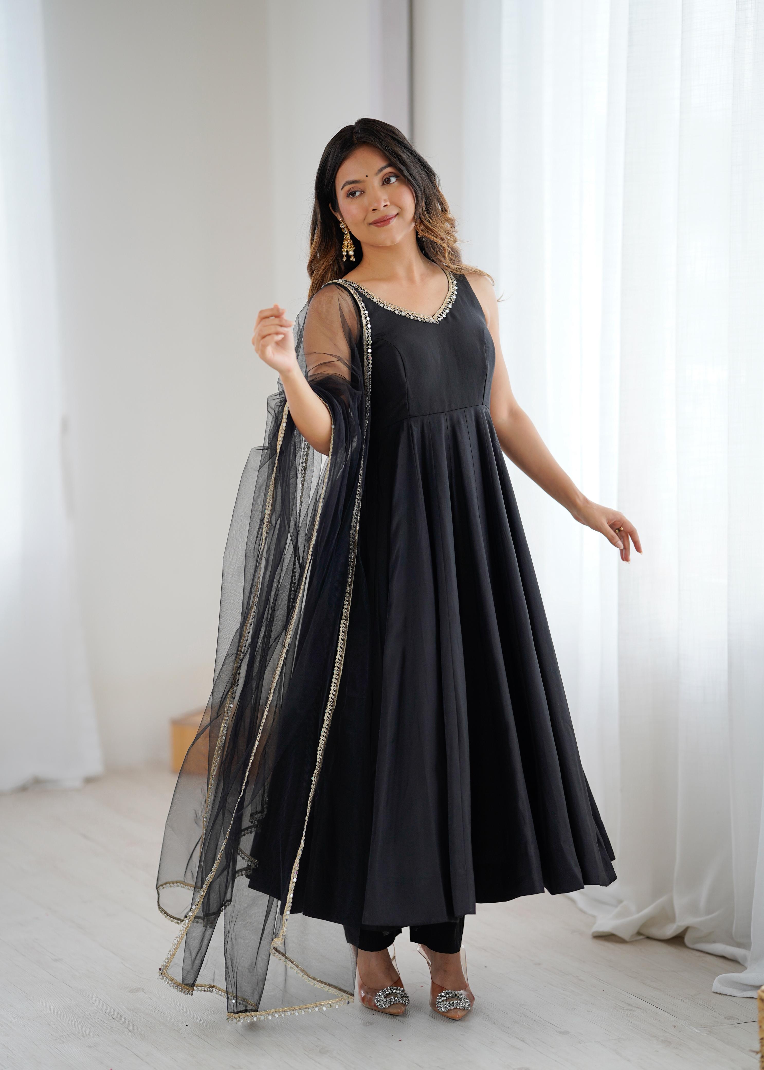 Black Roman Silk Chanderi Anarkali Suit Set with Huge Flair for Festive Occasions