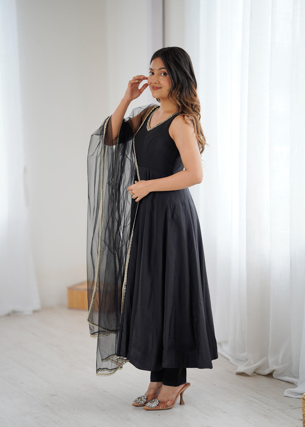 Black Roman Silk Chanderi Anarkali Suit Set with Huge Flair for Festive Occasions