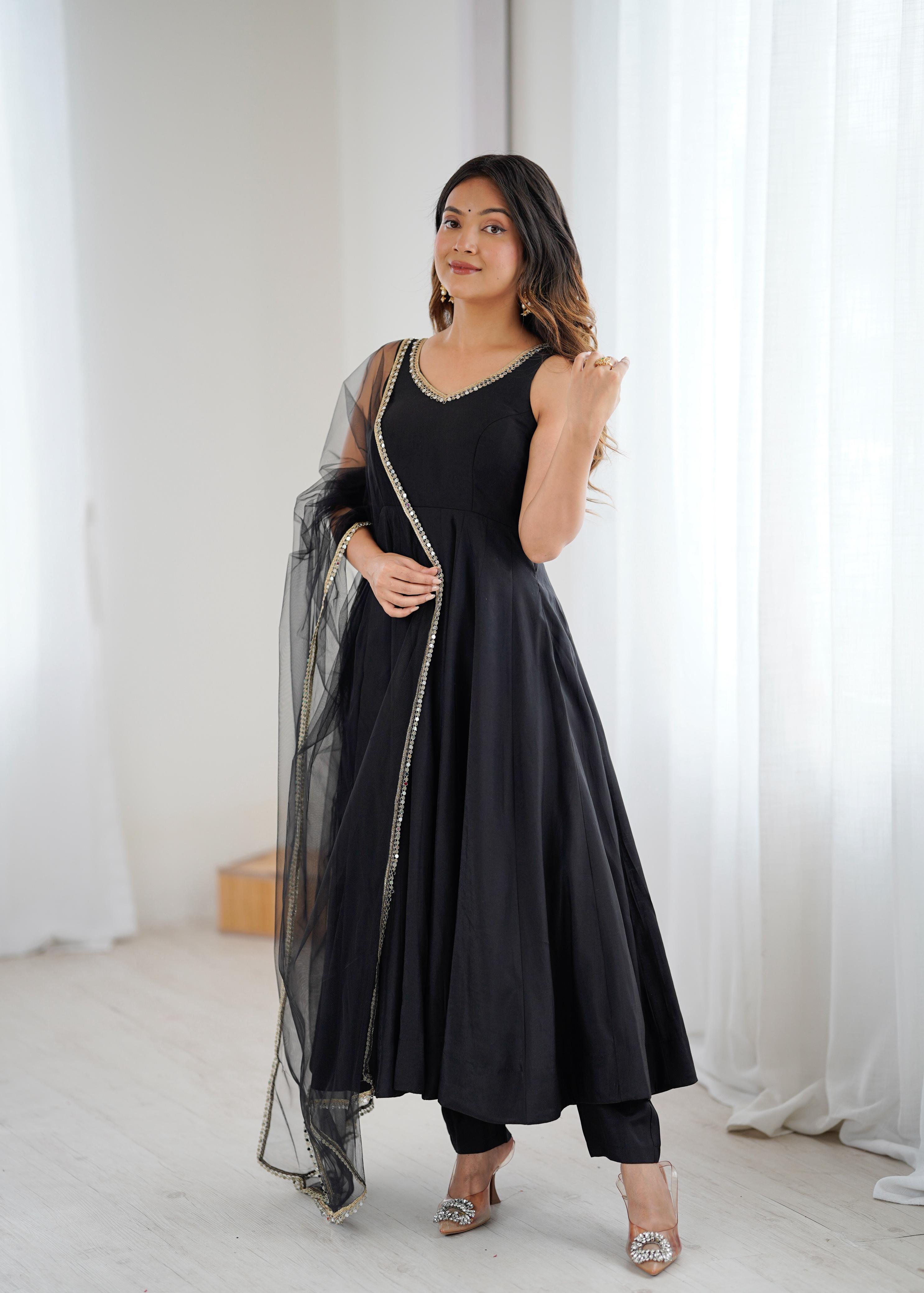 Black Roman Silk Chanderi Anarkali Suit Set with Huge Flair for Festive Occasions