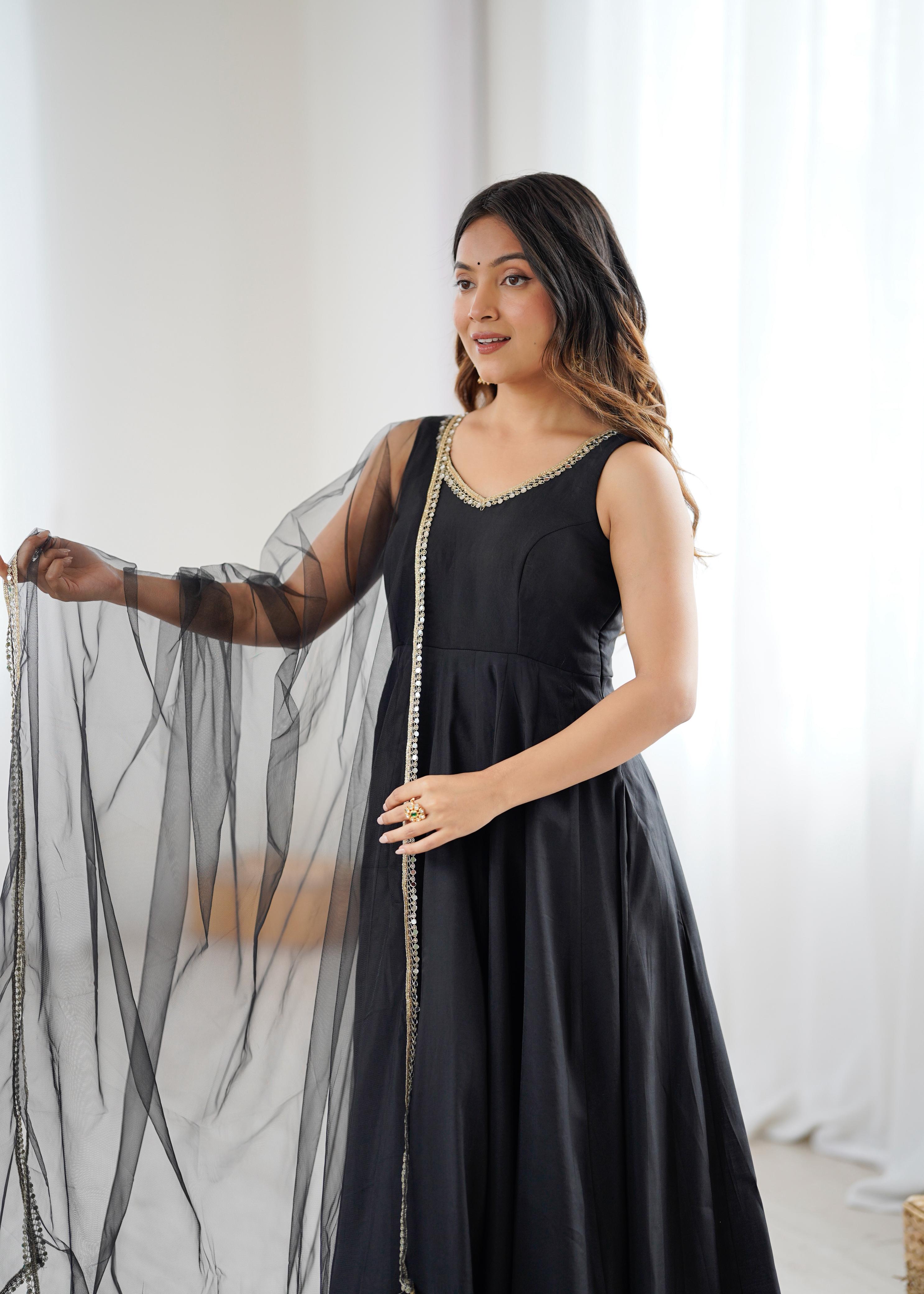 Black Roman Silk Chanderi Anarkali Suit Set with Huge Flair for Festive Occasions