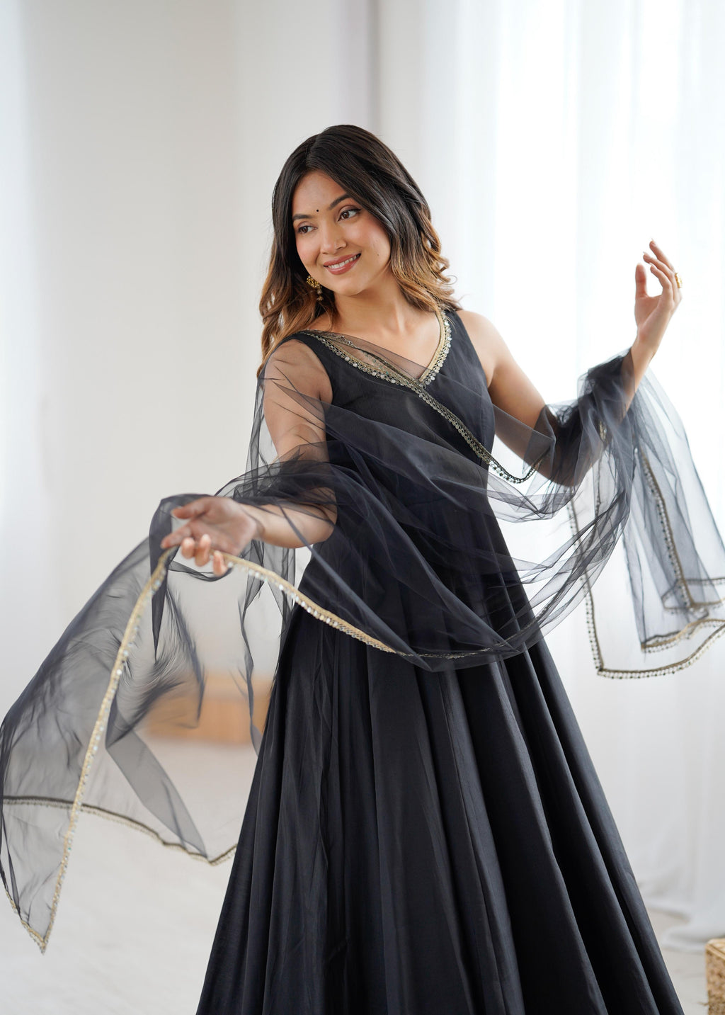 Black Roman Silk Chanderi Anarkali Suit Set with Huge Flair for Festive Occasions