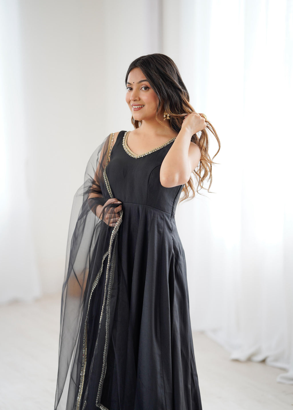 Black Roman Silk Chanderi Anarkali Suit Set with Huge Flair for Festive Occasions